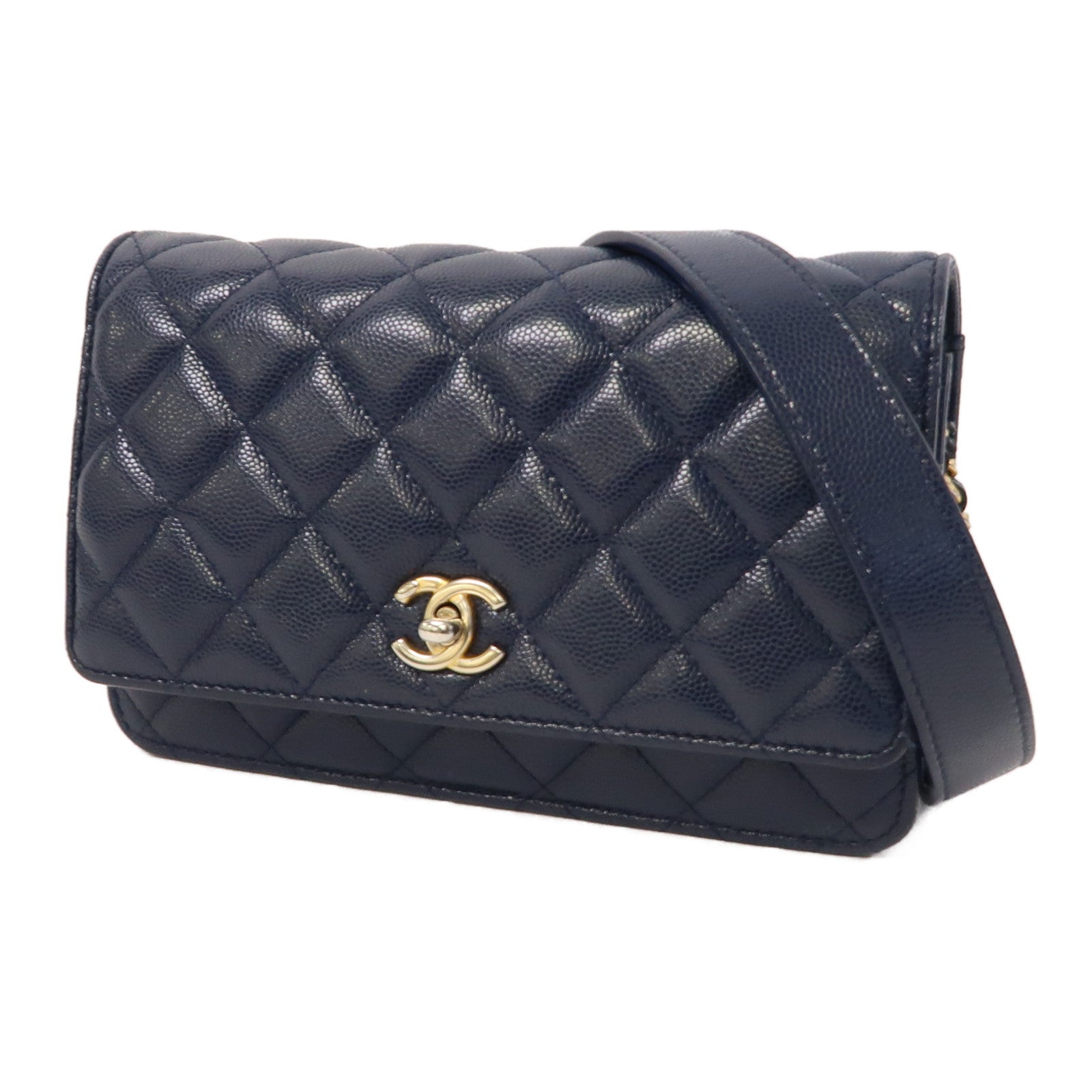 CHANEL 菱格Caviar皮革Wallet On Chain金扣鏈帶肩背袋深藍色