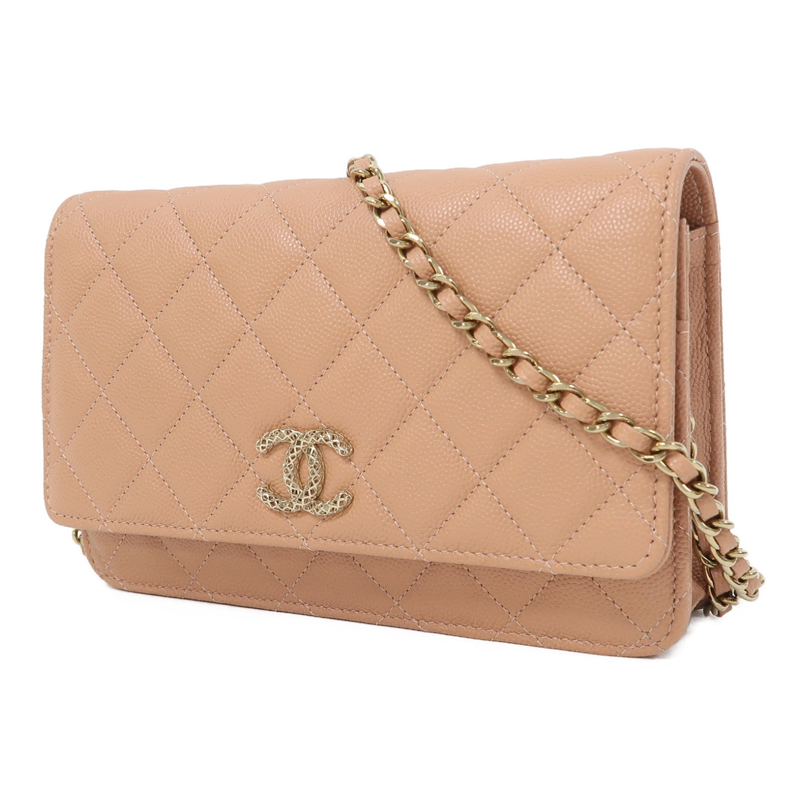CHANEL 菱格Caviar皮革Wallet On Chain金扣鏈帶肩背袋三文魚色