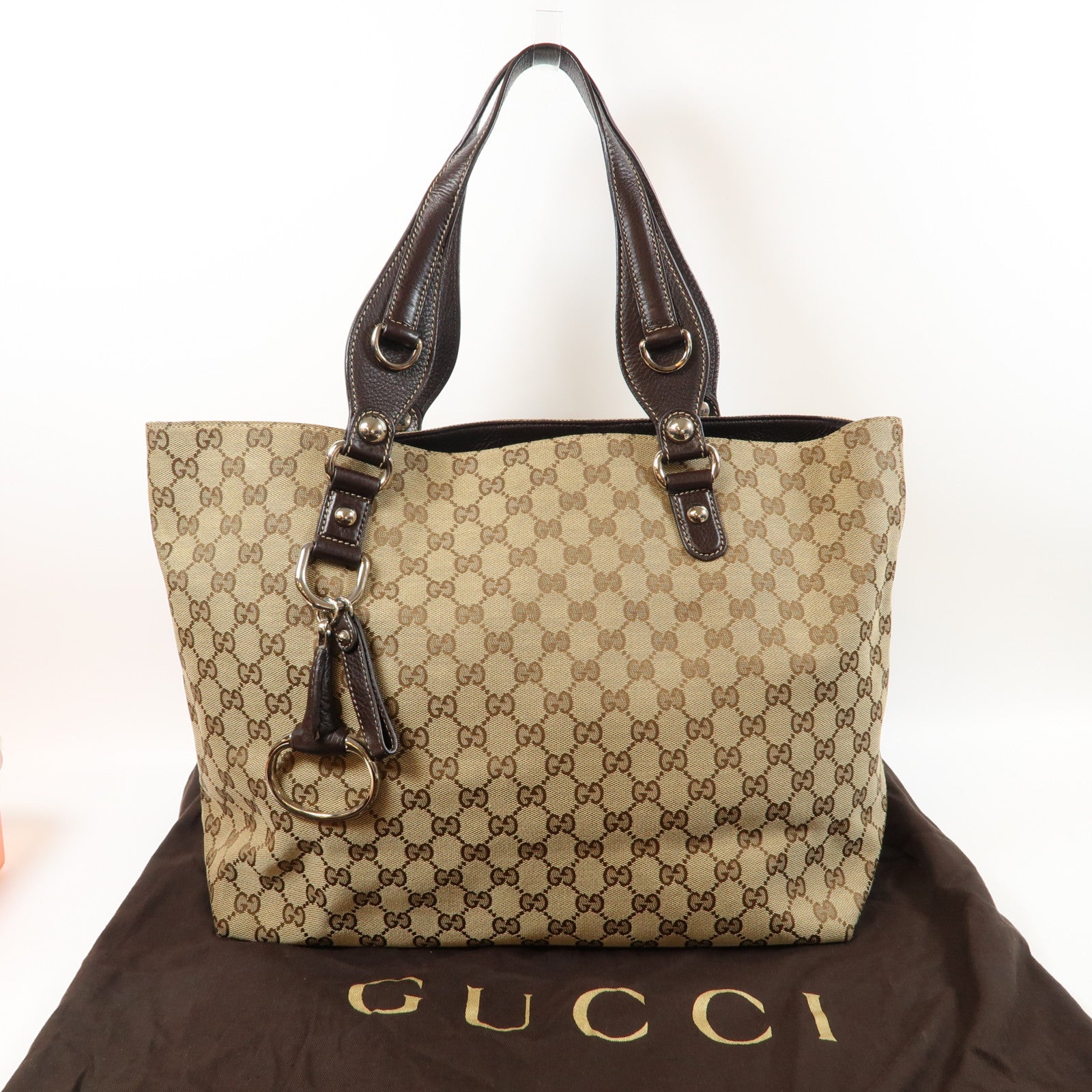 GUCCI 【激減優惠】帆布/皮革Tote Bag銀扣肩背袋啡色