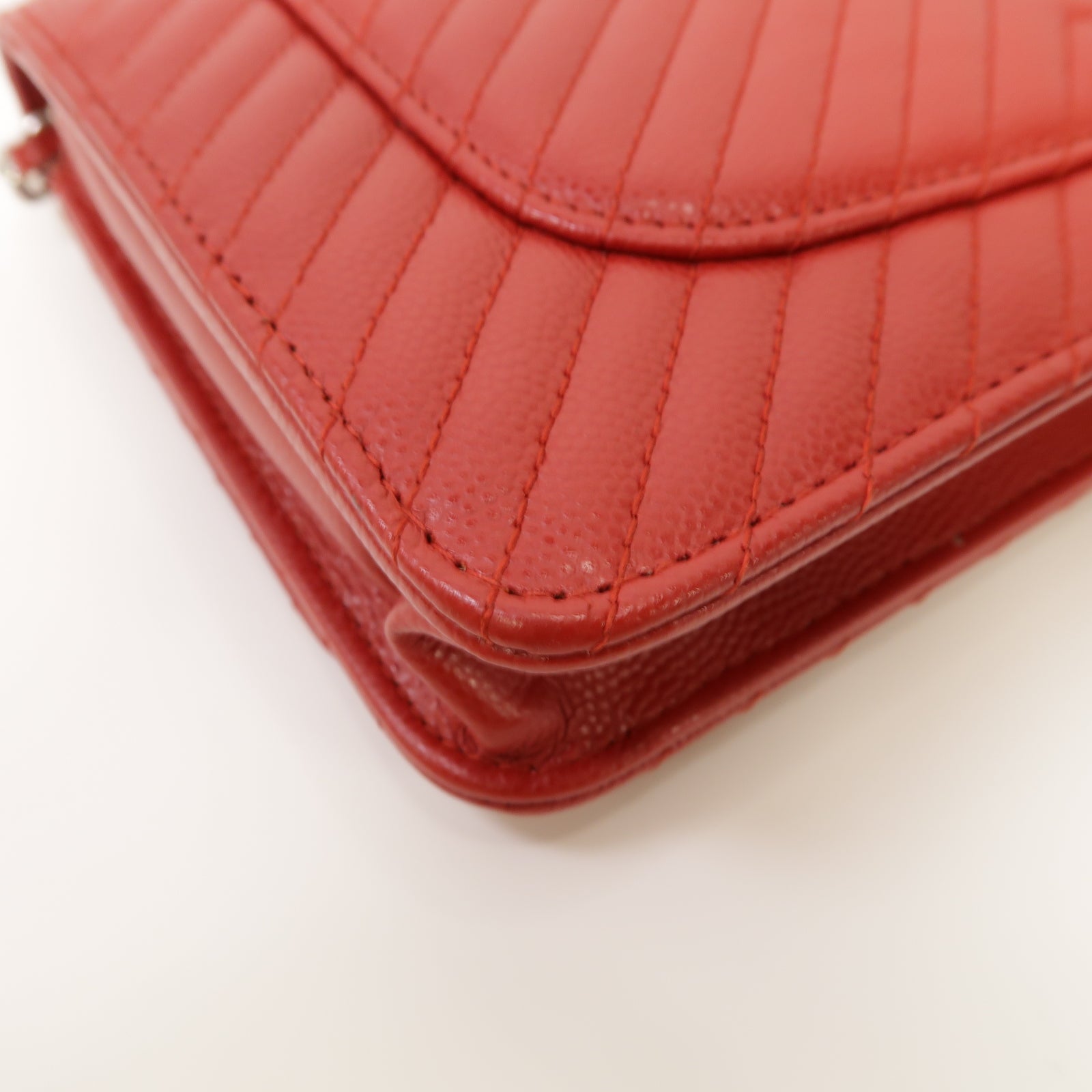CHANEL 【激減優惠】斜紋牛皮皮革Wallet On Chain Shoulder Bag銀扣肩背袋紅色