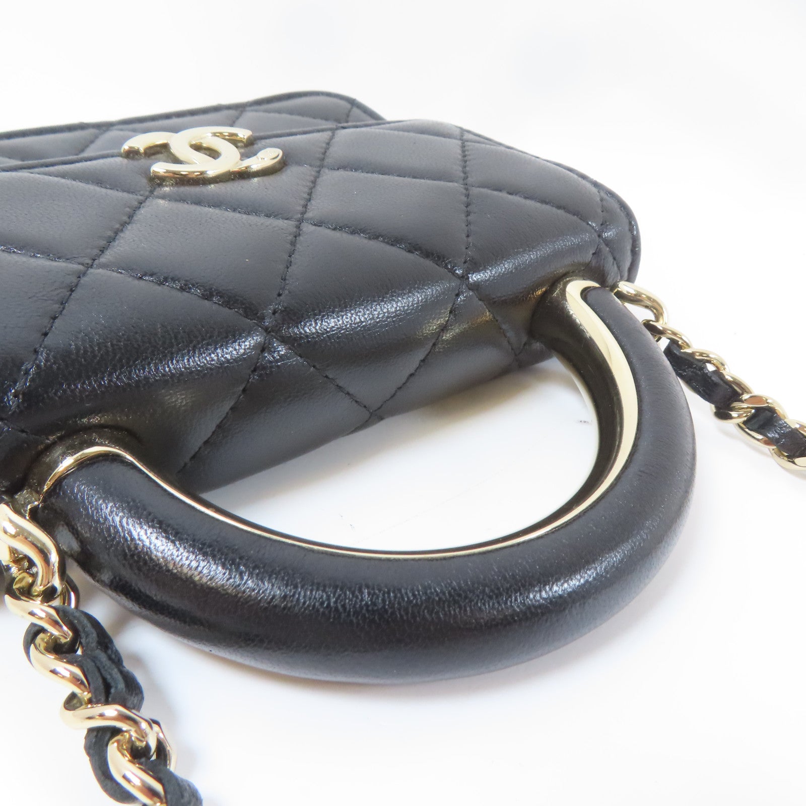 CHANEL 菱格羊皮皮革Mini Flap金扣鏈帶手挽肩背兩用袋黑色