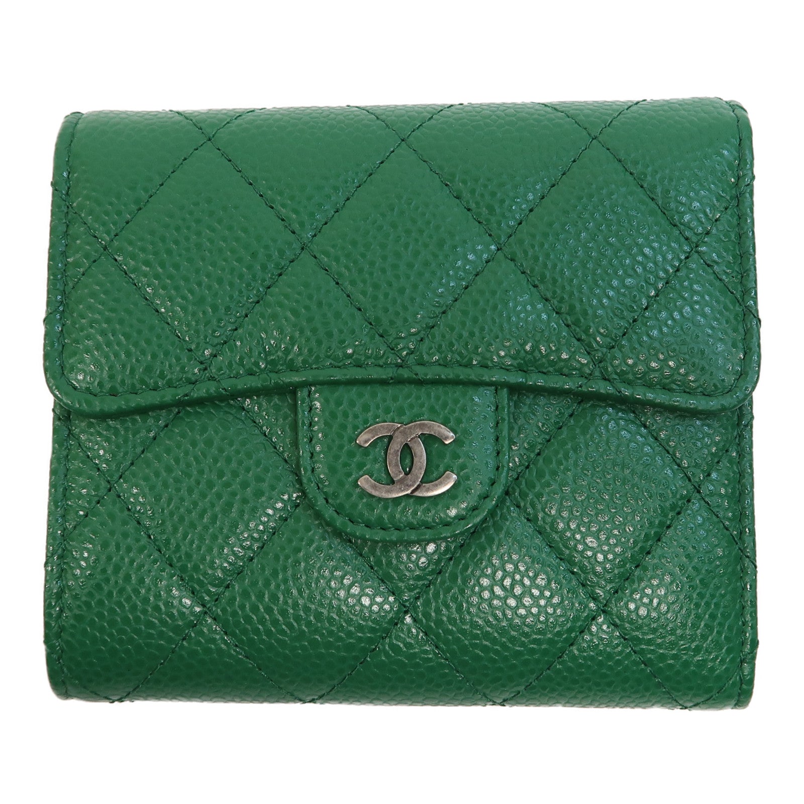 CHANEL 菱格Caviar皮革Wallet銀扣短錢包綠色