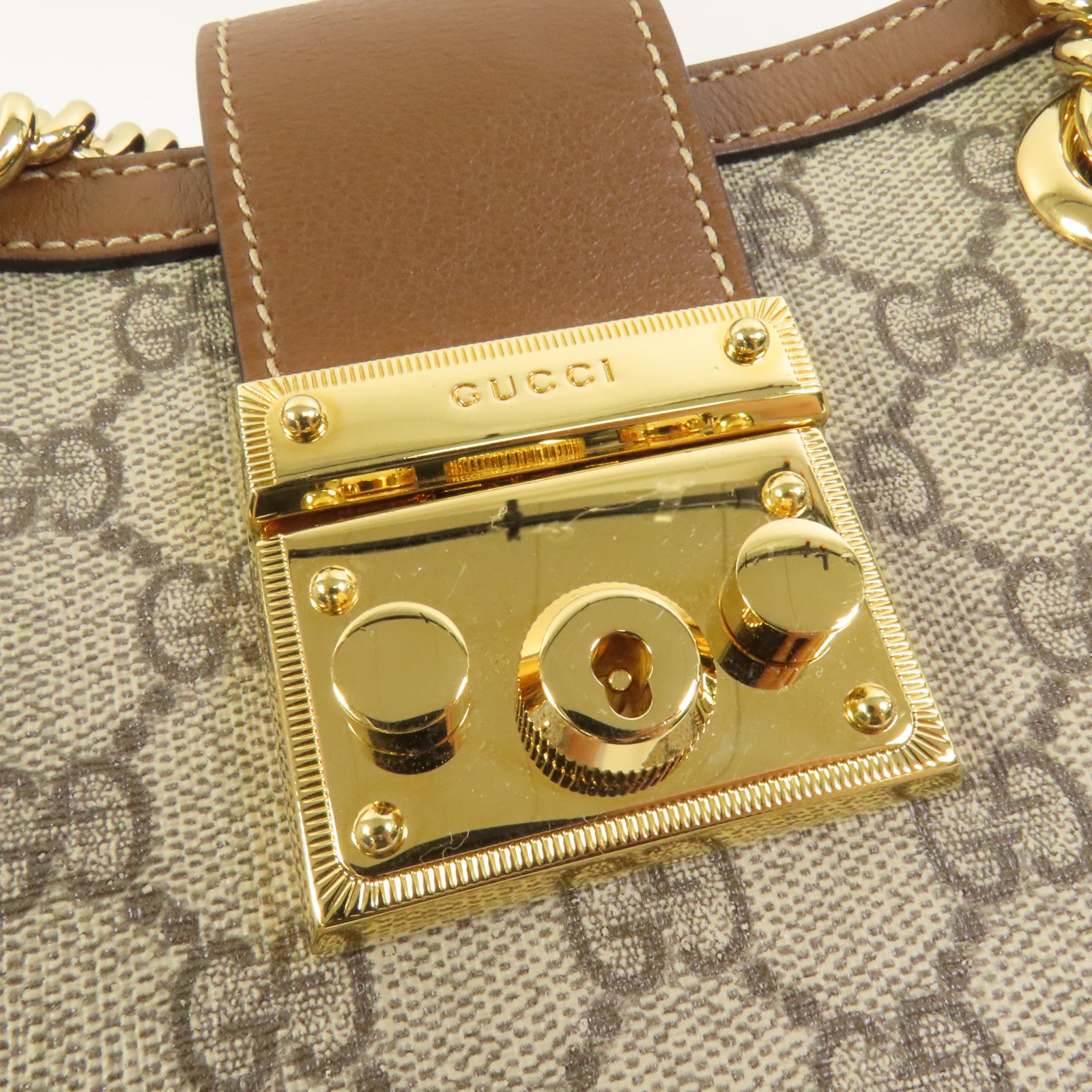 GUCCI 塗層帆布Padlock GG Small金扣鏈帶肩背袋