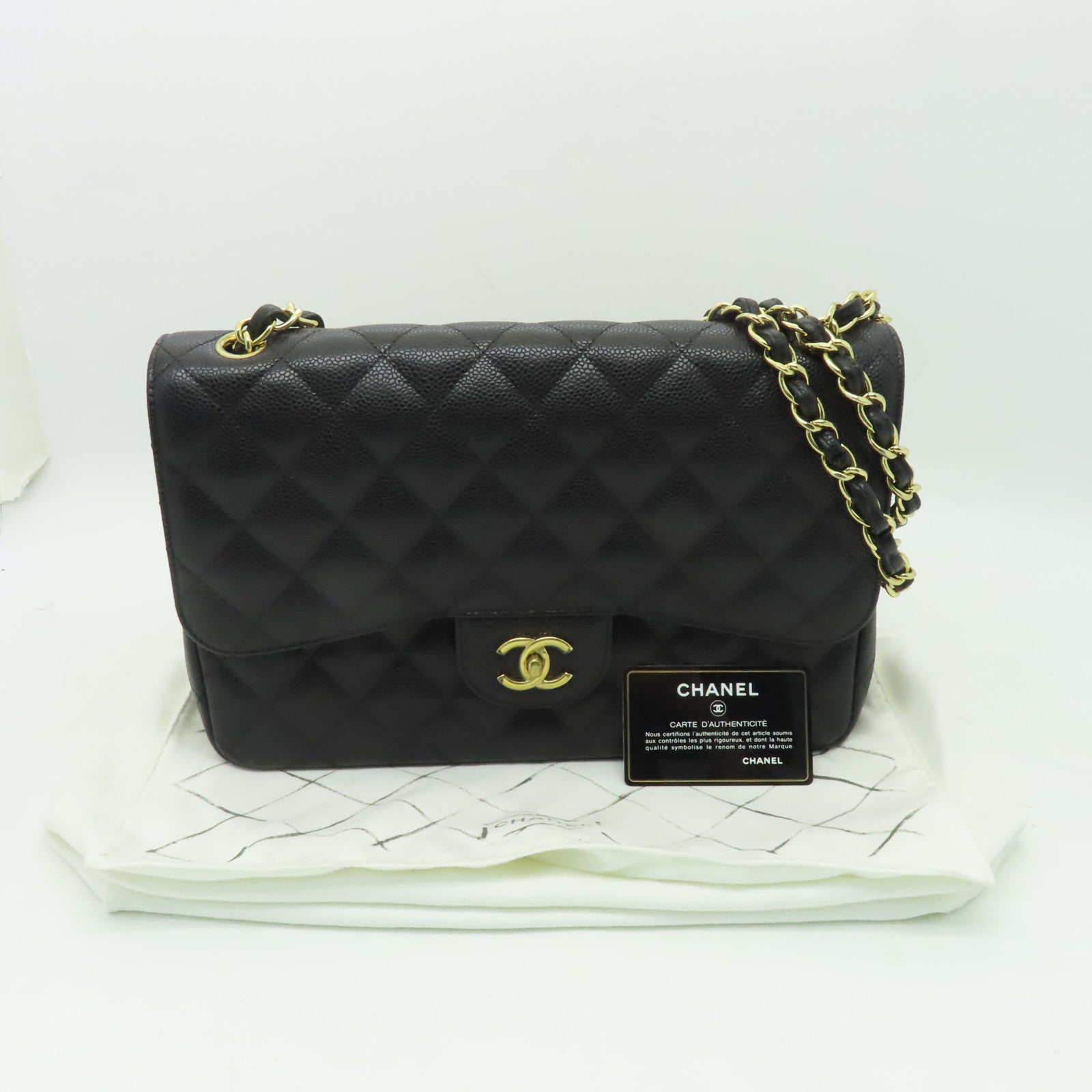 CHANEL 【激減優惠】菱格Caviar皮革Classic Jumbo銀扣鏈帶肩背袋黒色