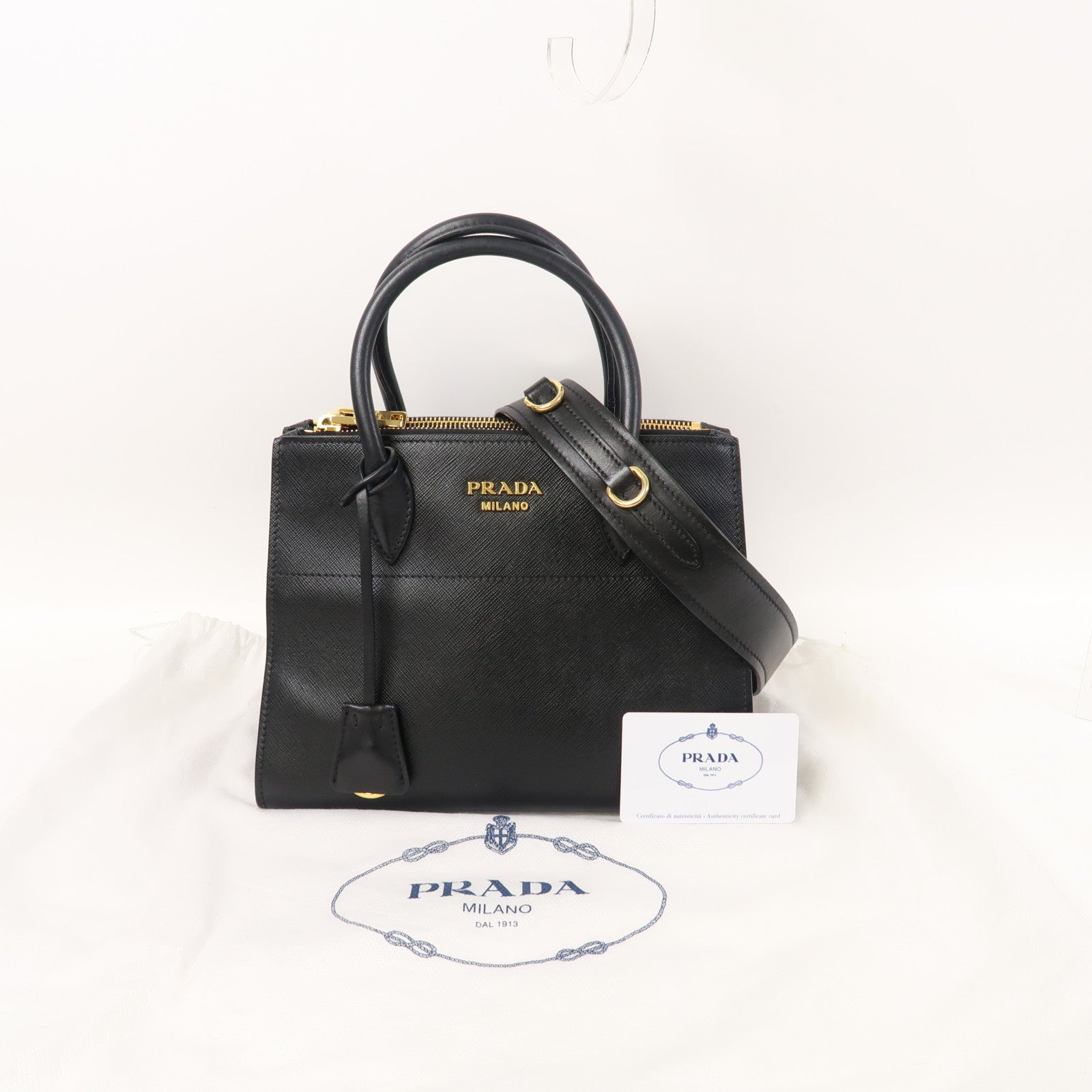 PRADA 【激減優惠】皮革2 Way Shoulder Bag金扣手挽肩背兩用袋黑色