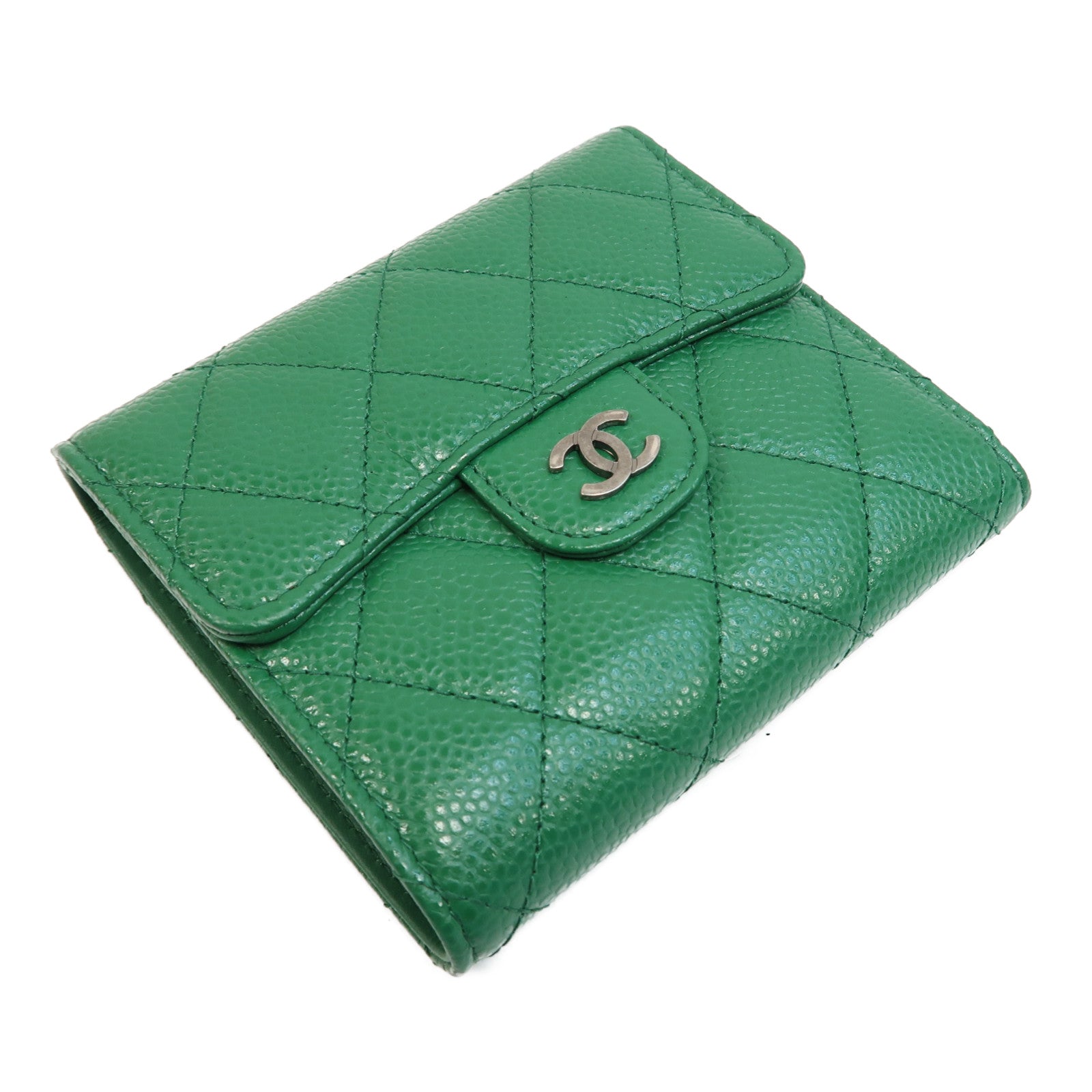 CHANEL 菱格Caviar皮革Wallet銀扣短錢包綠色