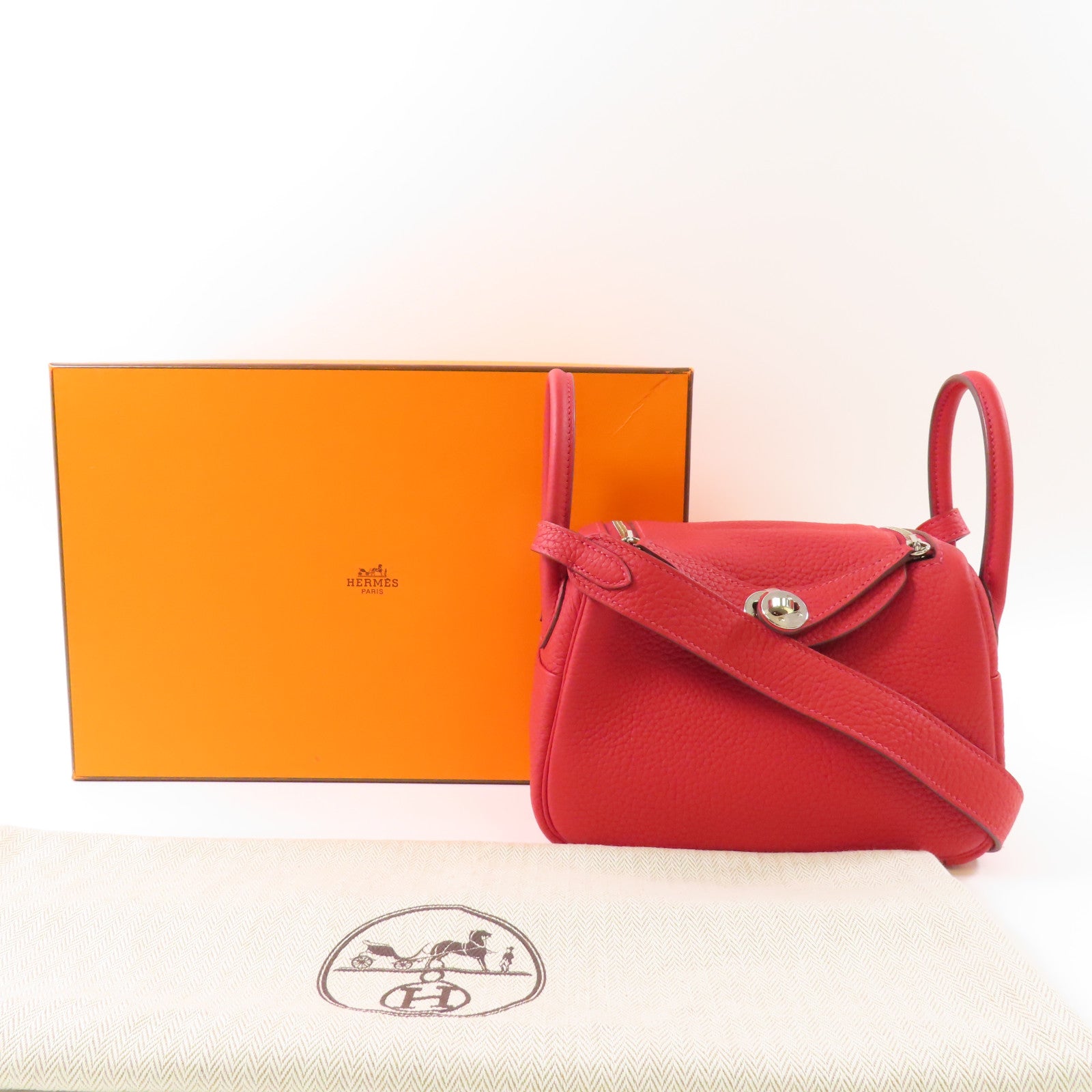 HERMES 【激減優惠】皮革Mini Lindy銀扣手挽肩背兩用袋Vermillon