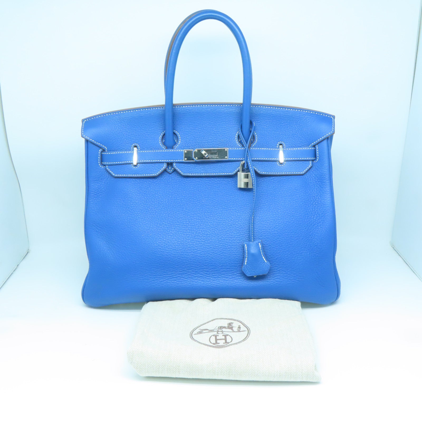 HERMES Clemence皮革Birkin 35银扣手挽袋水妖蓝/白色