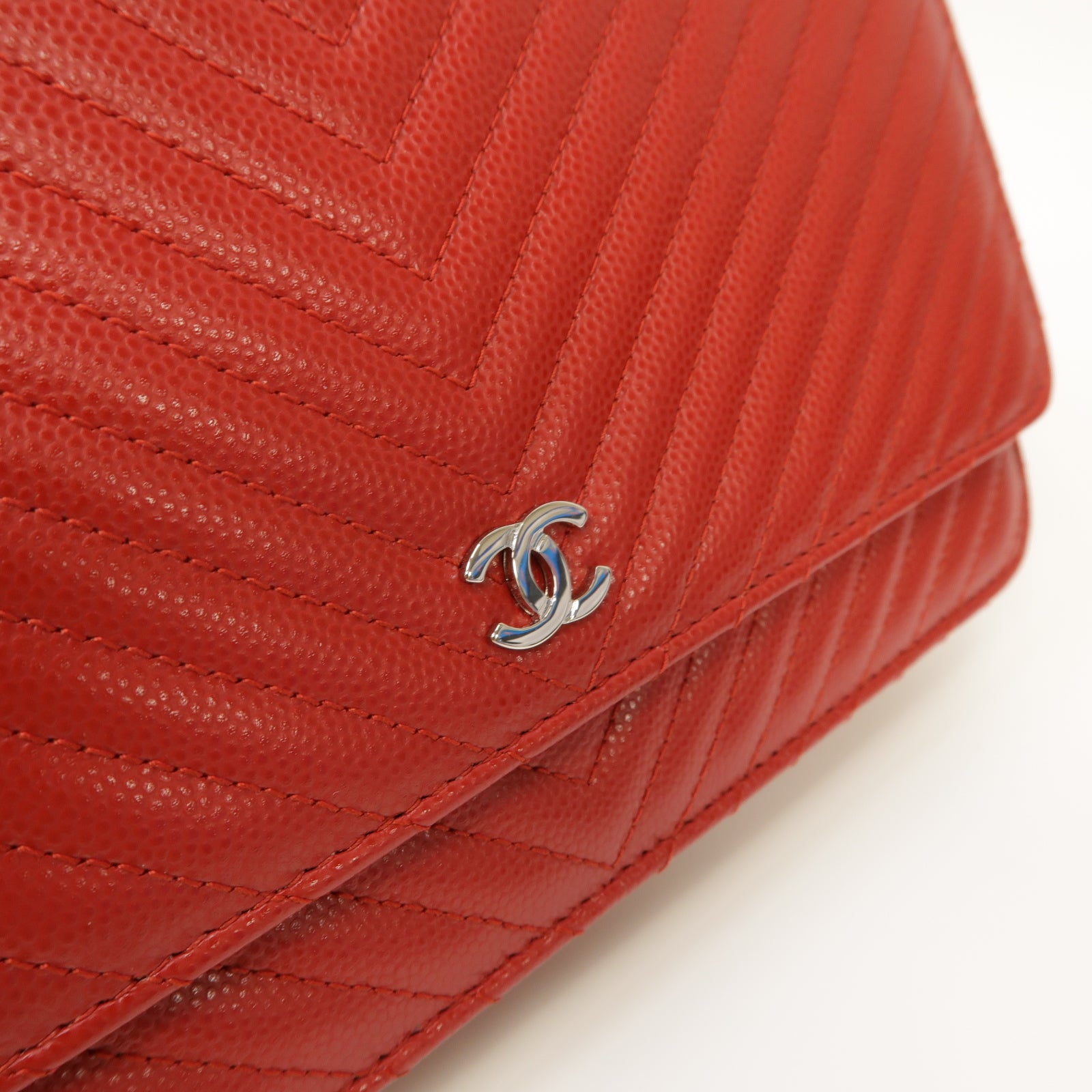 CHANEL 【激減優惠】斜紋牛皮皮革Wallet On Chain Shoulder Bag銀扣肩背袋紅色