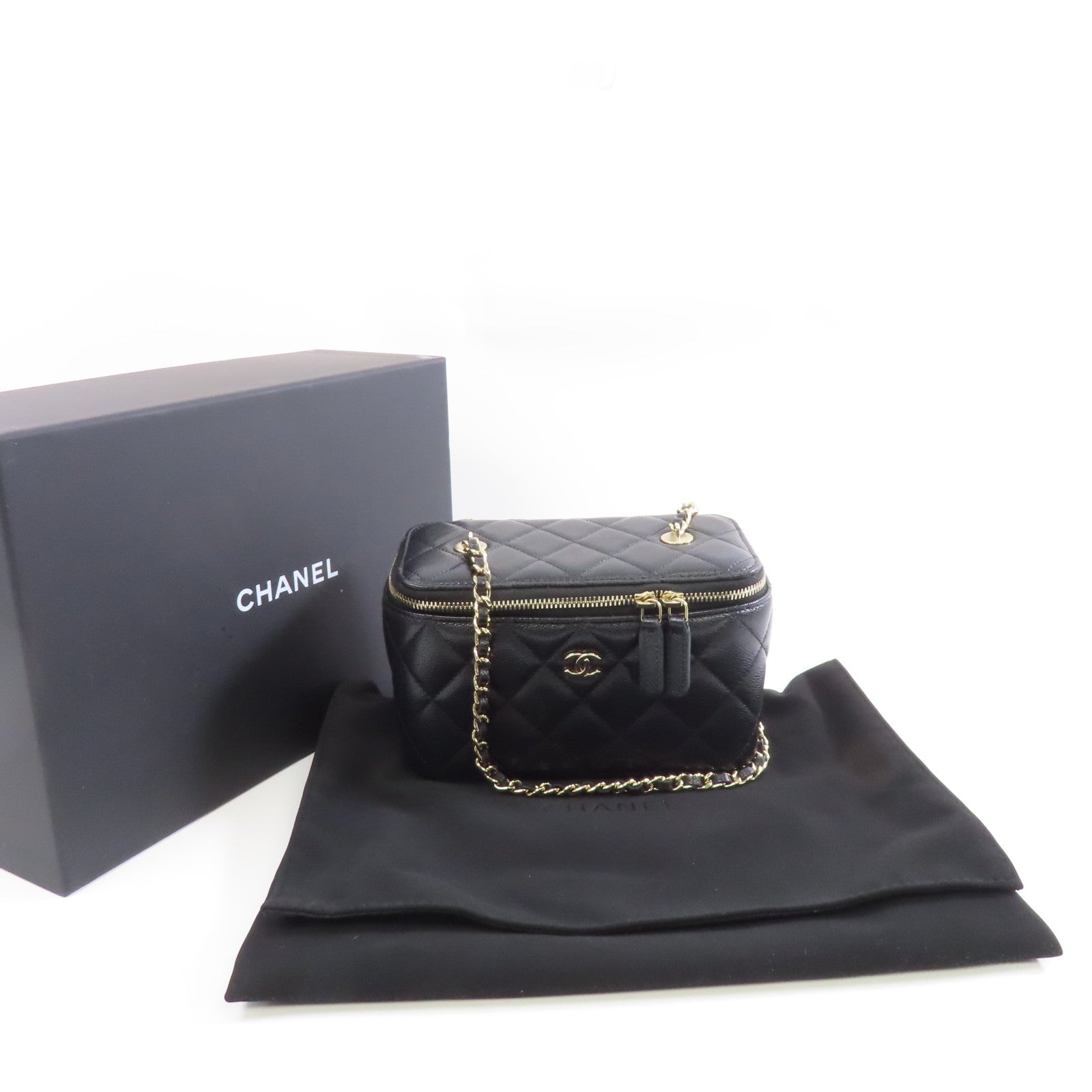 CHANEL 菱格Caviar皮革Vanity Case金扣鏈帶肩背袋黑色