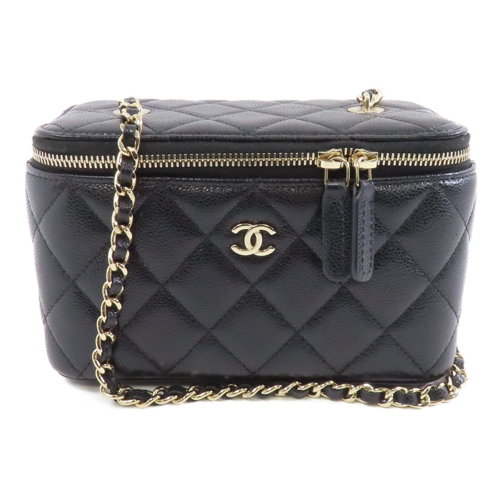 CHANEL 菱格Caviar皮革Vanity Case金扣鏈帶肩背袋黑色