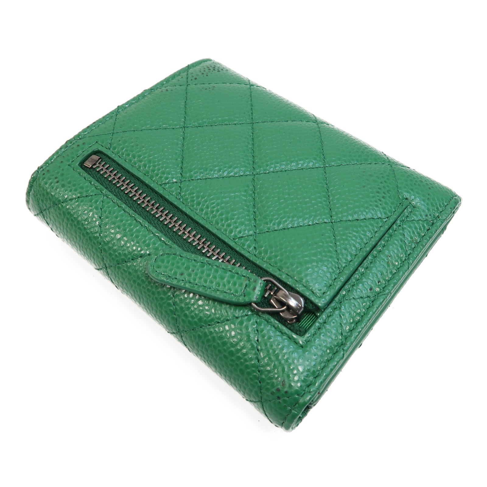 CHANEL 菱格Caviar皮革Wallet銀扣短錢包綠色