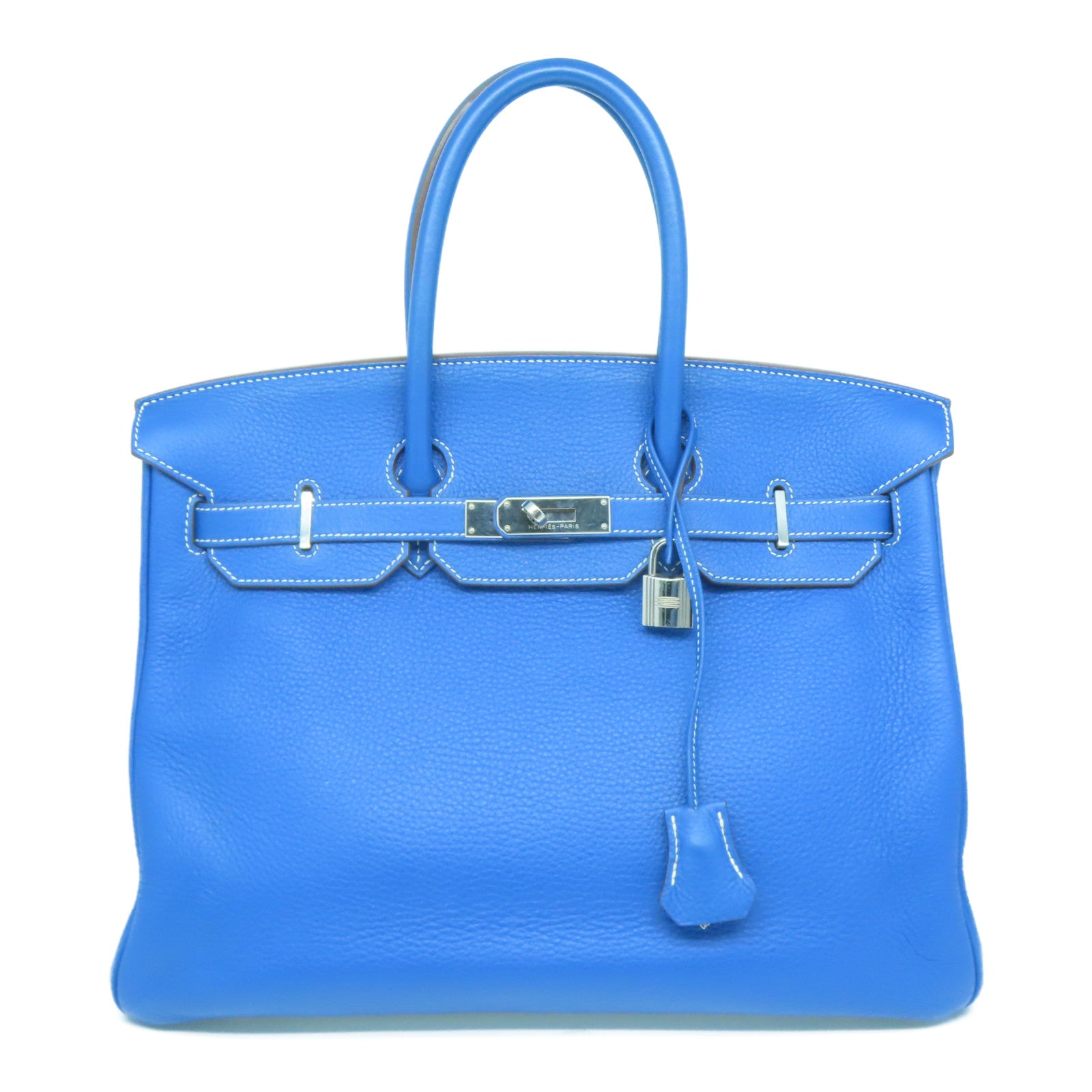 HERMES Clemence皮革Birkin 35银扣手挽袋水妖蓝/白色