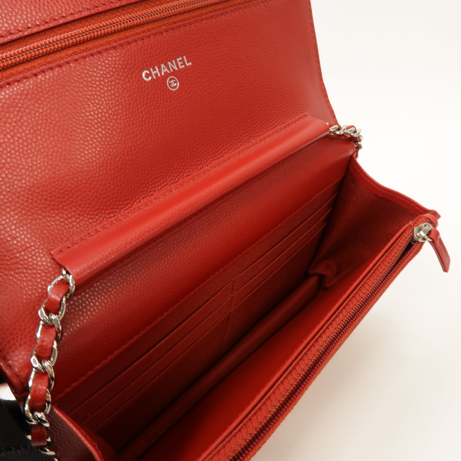 CHANEL 【激減優惠】斜紋牛皮皮革Wallet On Chain Shoulder Bag銀扣肩背袋紅色