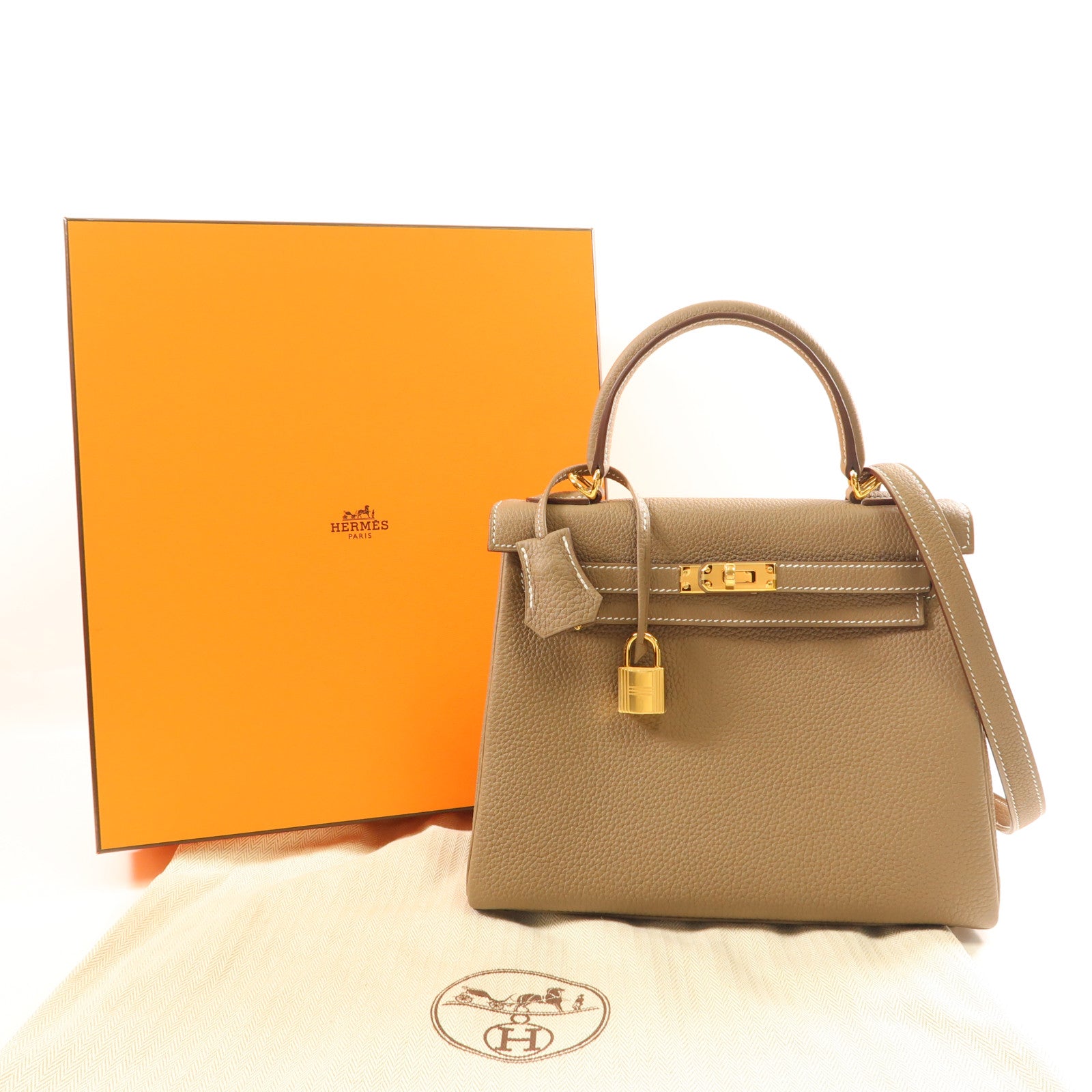 HERMES Celemence皮革Kelly 25金扣手挽肩背兩用袋Etoupe