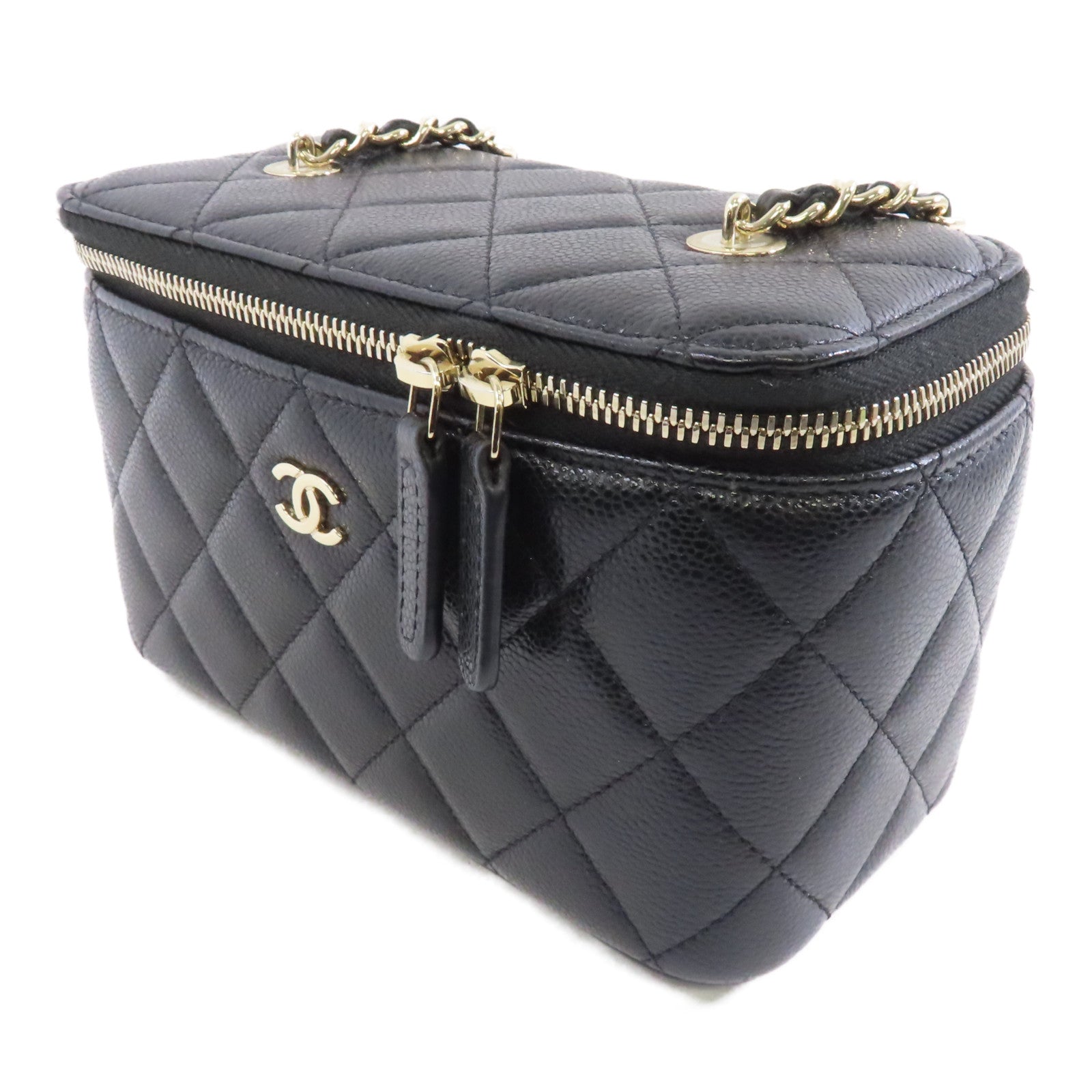 CHANEL 菱格Caviar皮革Vanity Case金扣鏈帶肩背袋黑色