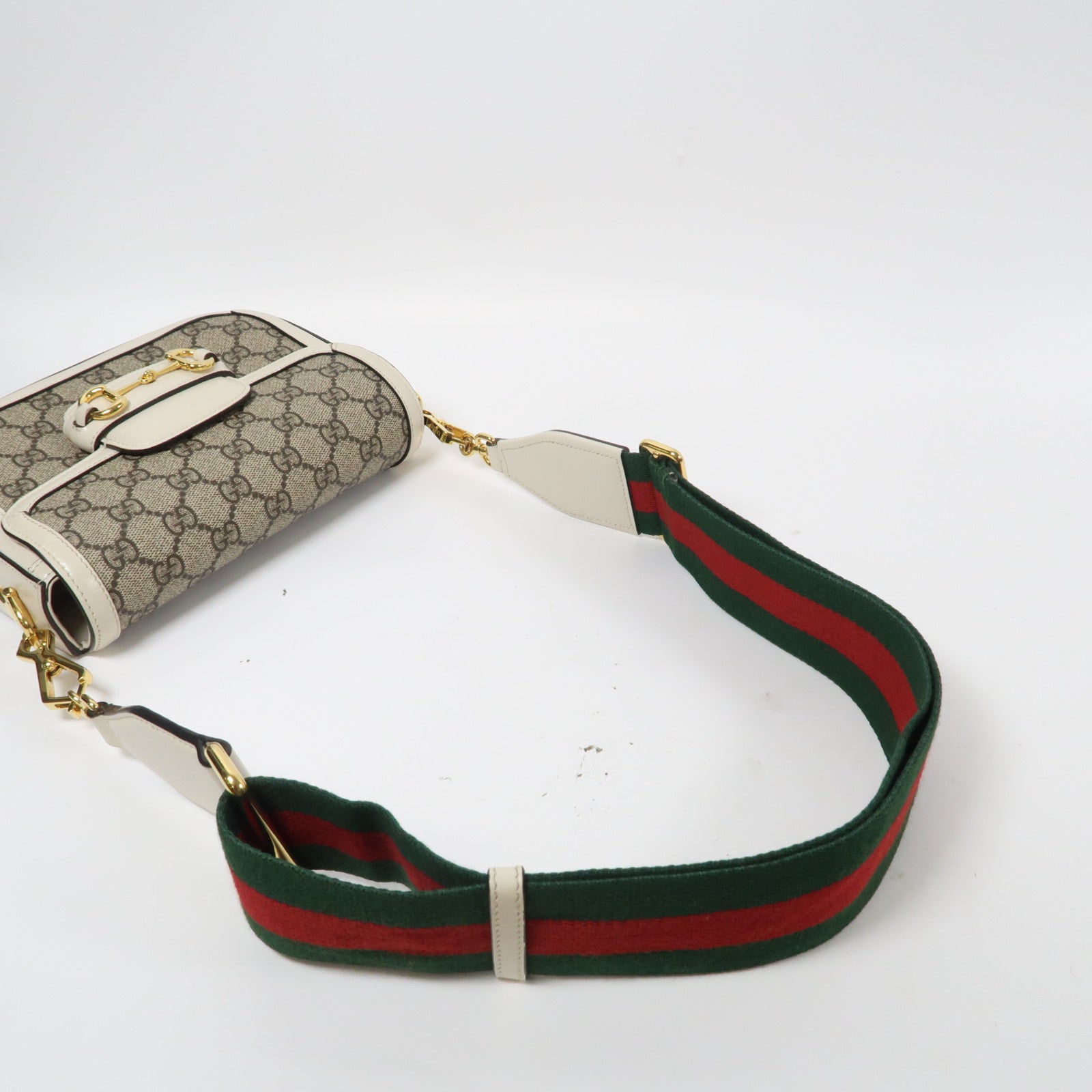 GUCCI 塗層帆布Horsebit 1955 Mini金扣肩背袋白色