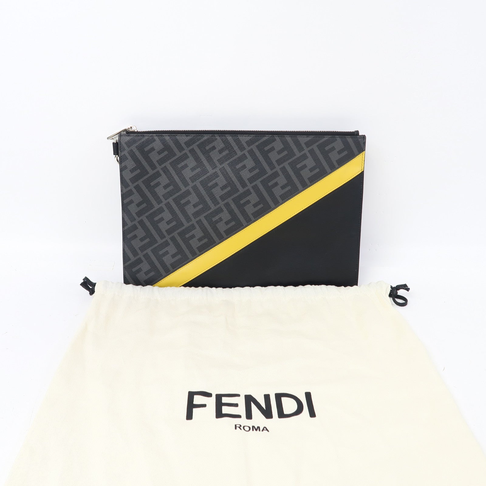 FENDI 塗層帆布/皮革Diagonal Flat Pouch銀扣手拿包黑色/黃色