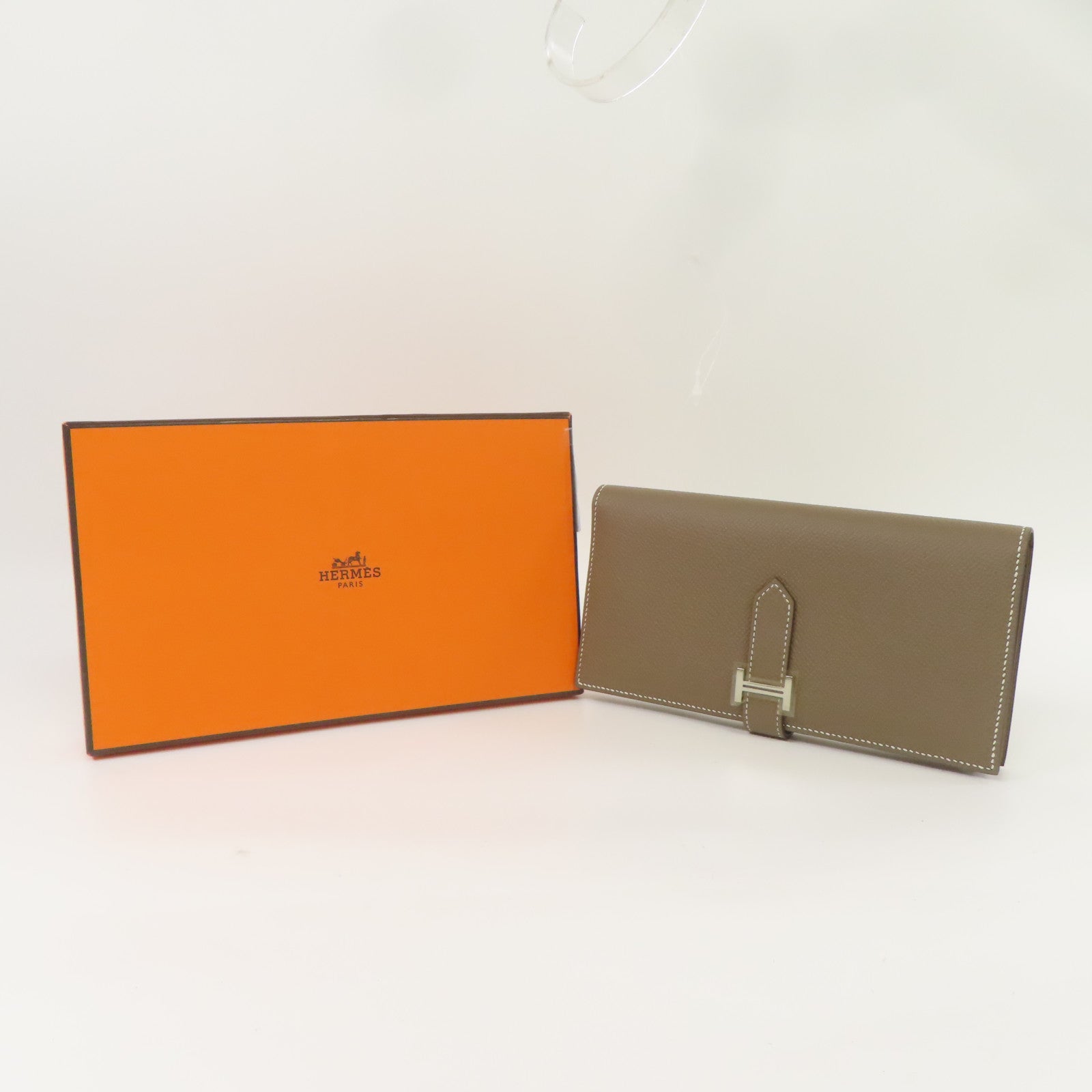 HERMES Epsom皮革Bearn Long Wallet銀扣雙摺長錢包大象灰色