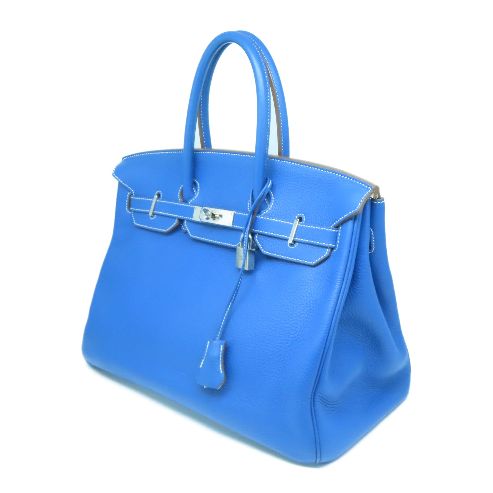 HERMES Clemence皮革Birkin 35银扣手挽袋水妖蓝/白色