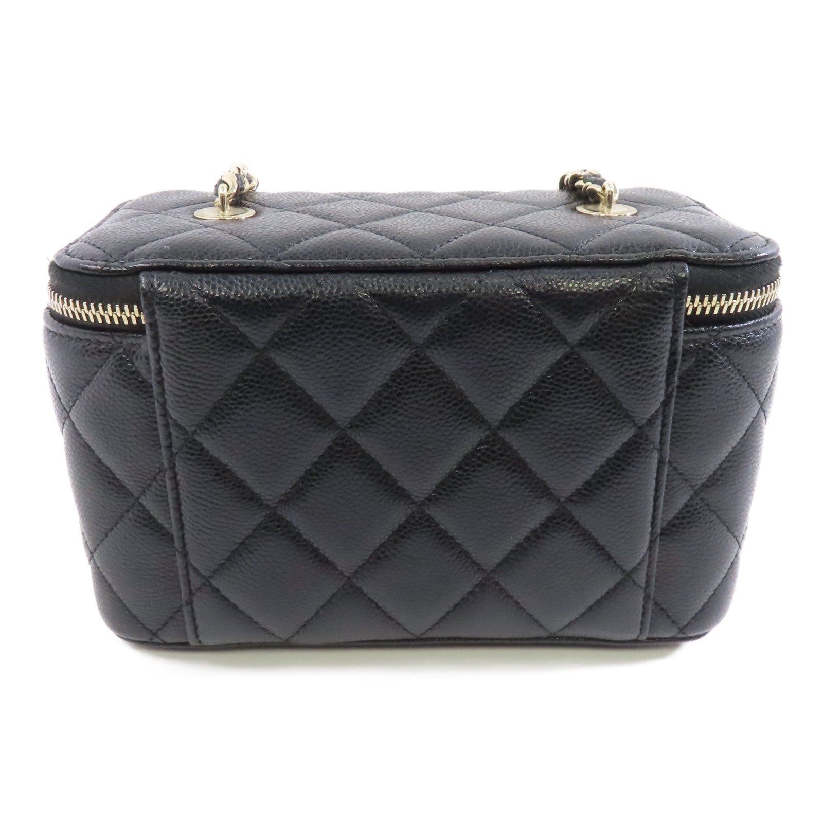 CHANEL 菱格Caviar皮革Vanity Case金扣鏈帶肩背袋黑色