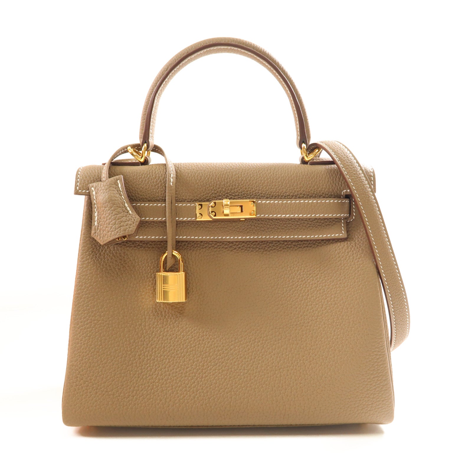 HERMES Celemence皮革Kelly 25金扣手挽肩背兩用袋Etoupe