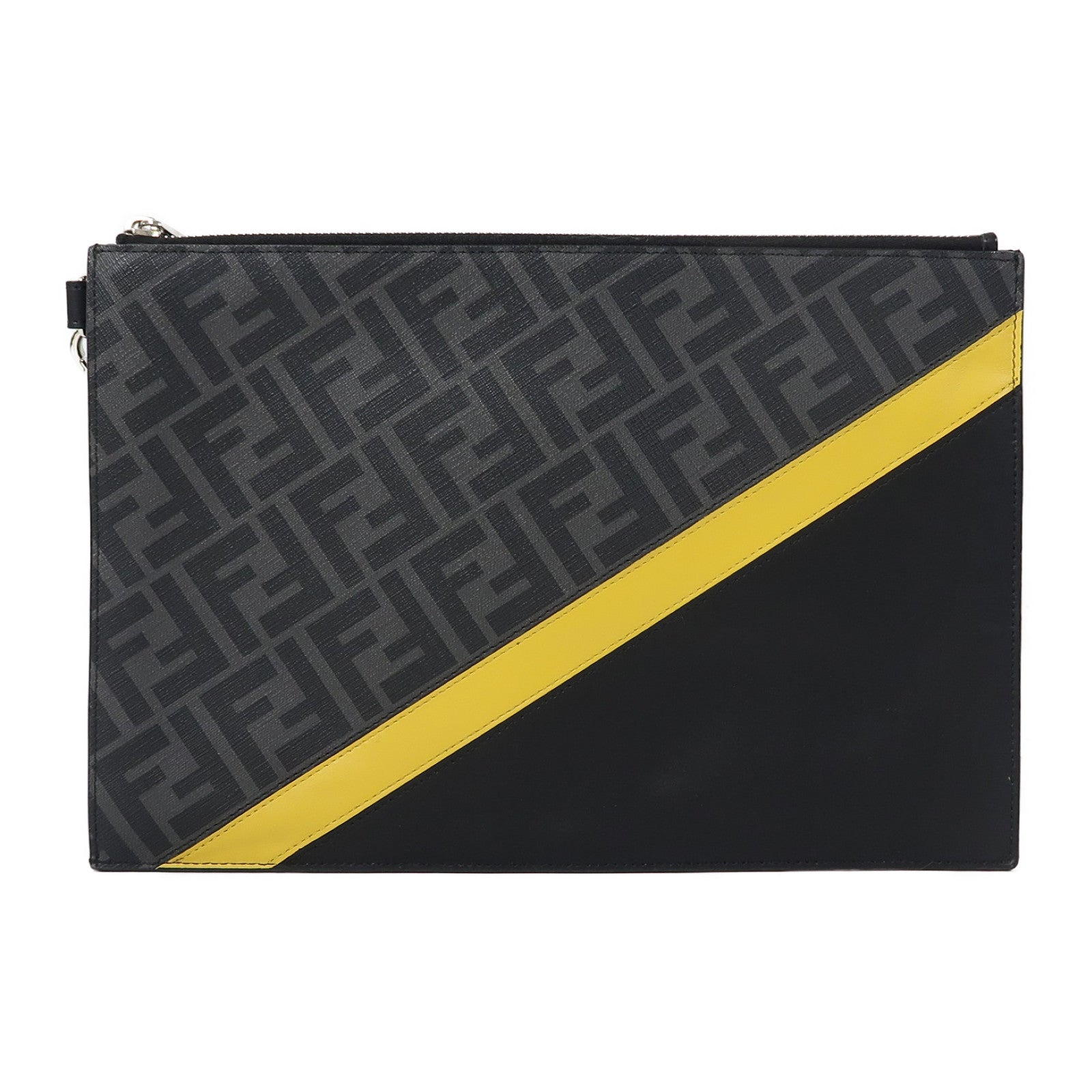 FENDI 塗層帆布/皮革Diagonal Flat Pouch銀扣手拿包黑色/黃色