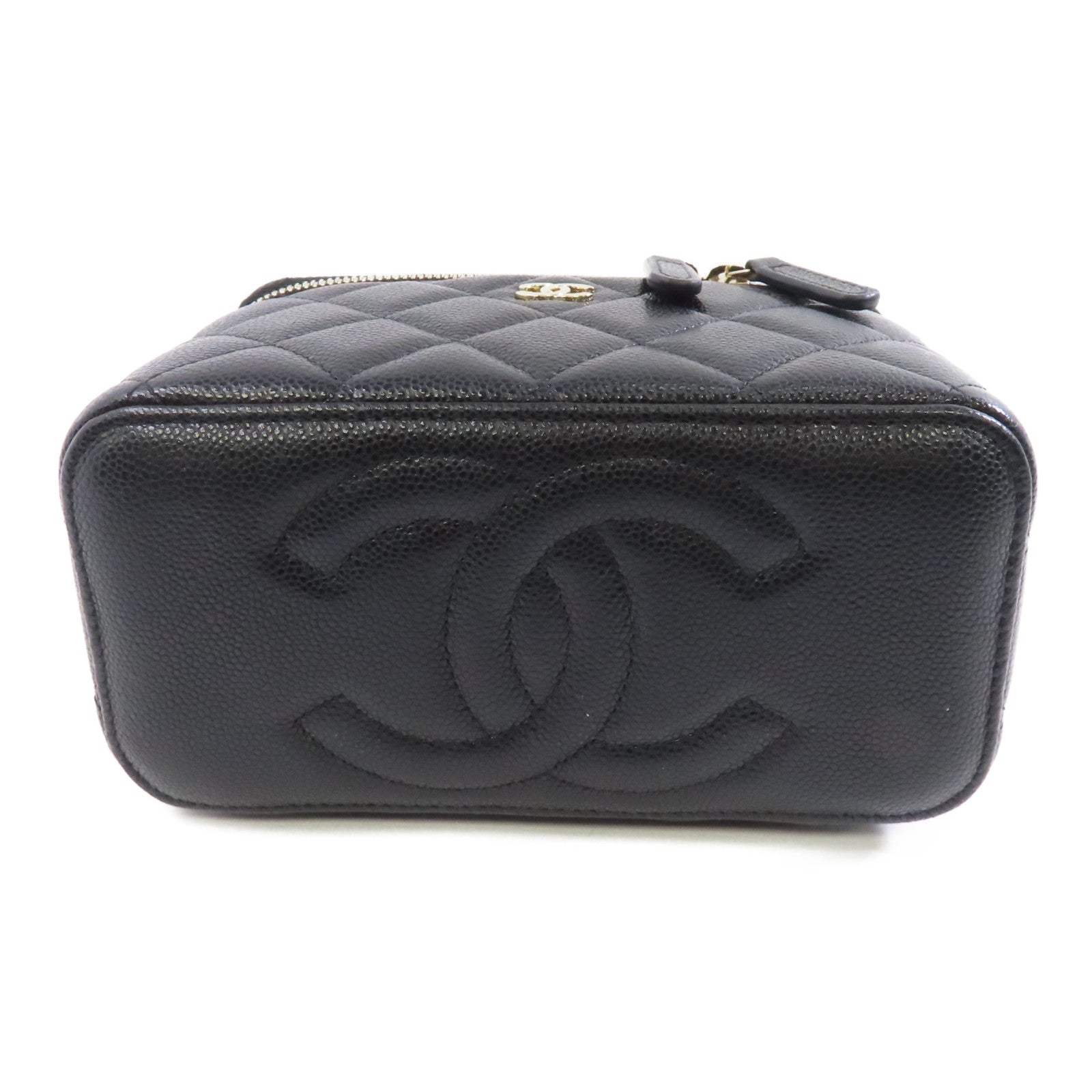 CHANEL 菱格Caviar皮革Vanity Case金扣鏈帶肩背袋黑色