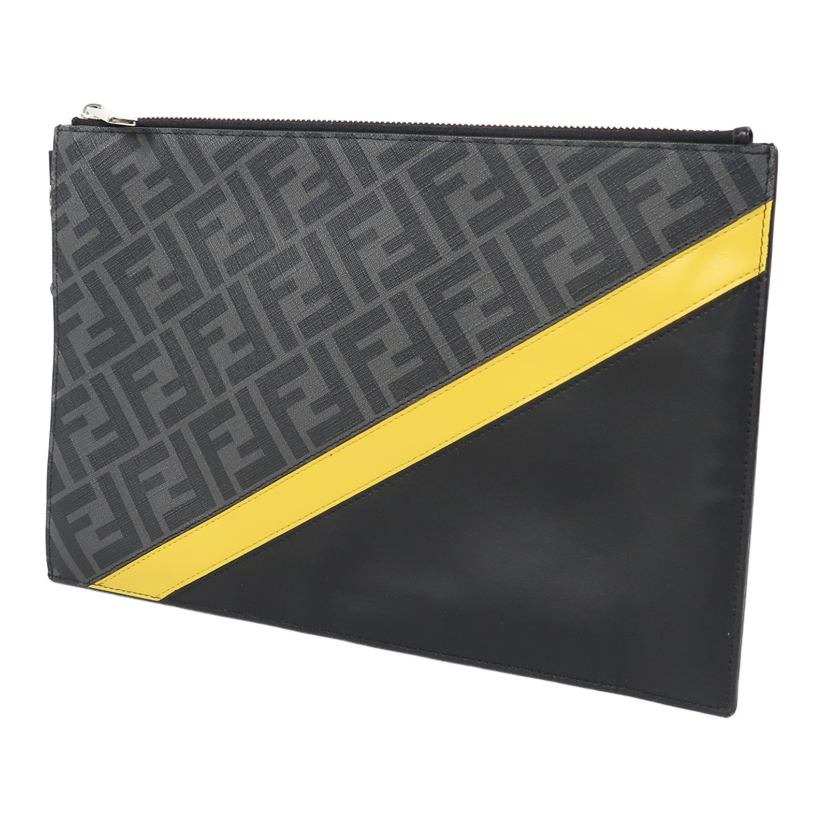 FENDI 塗層帆布/皮革Diagonal Flat Pouch銀扣手拿包黑色/黃色
