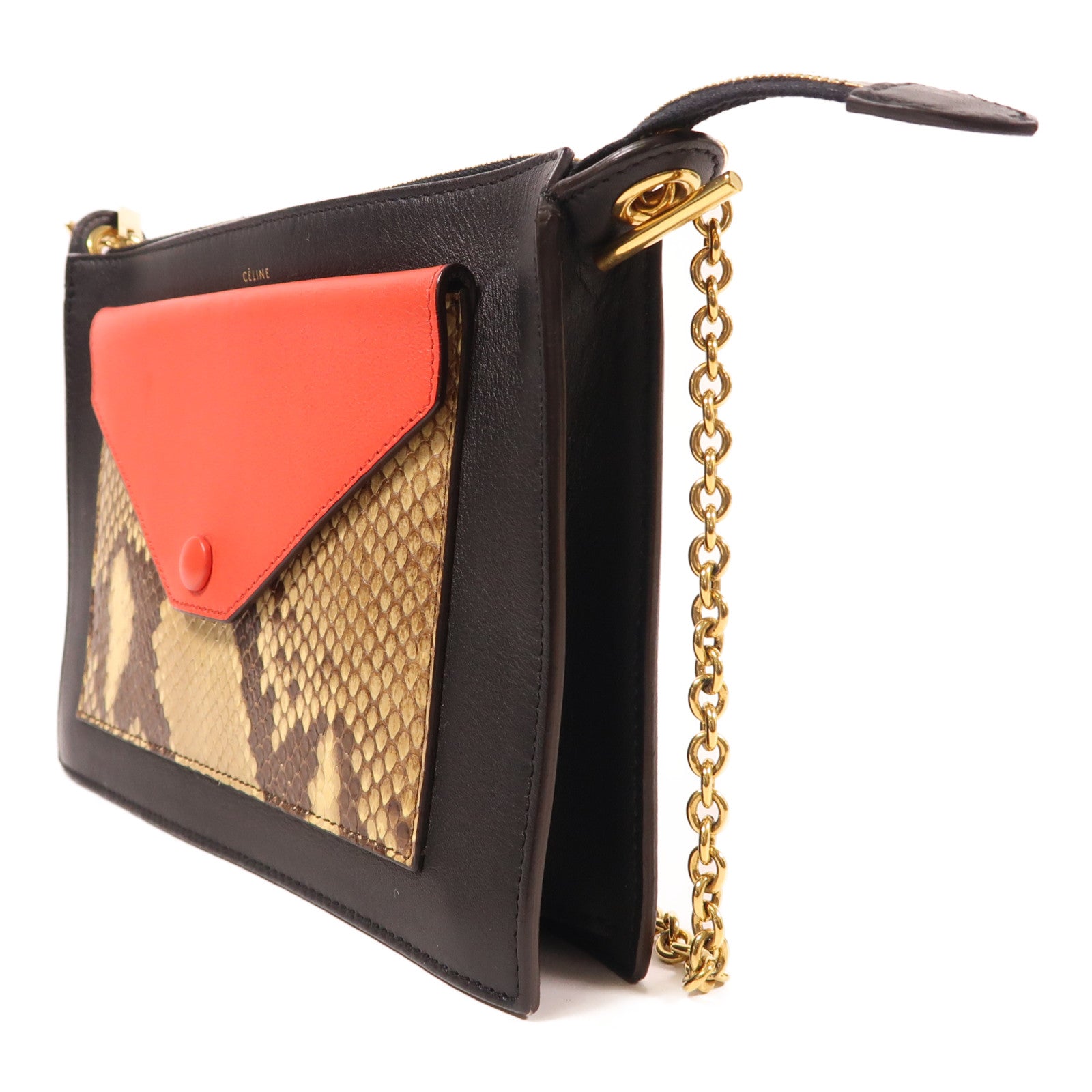 CELINE 牛皮皮革/蛇皮皮革Chain Shoulder金扣鏈帶肩背袋