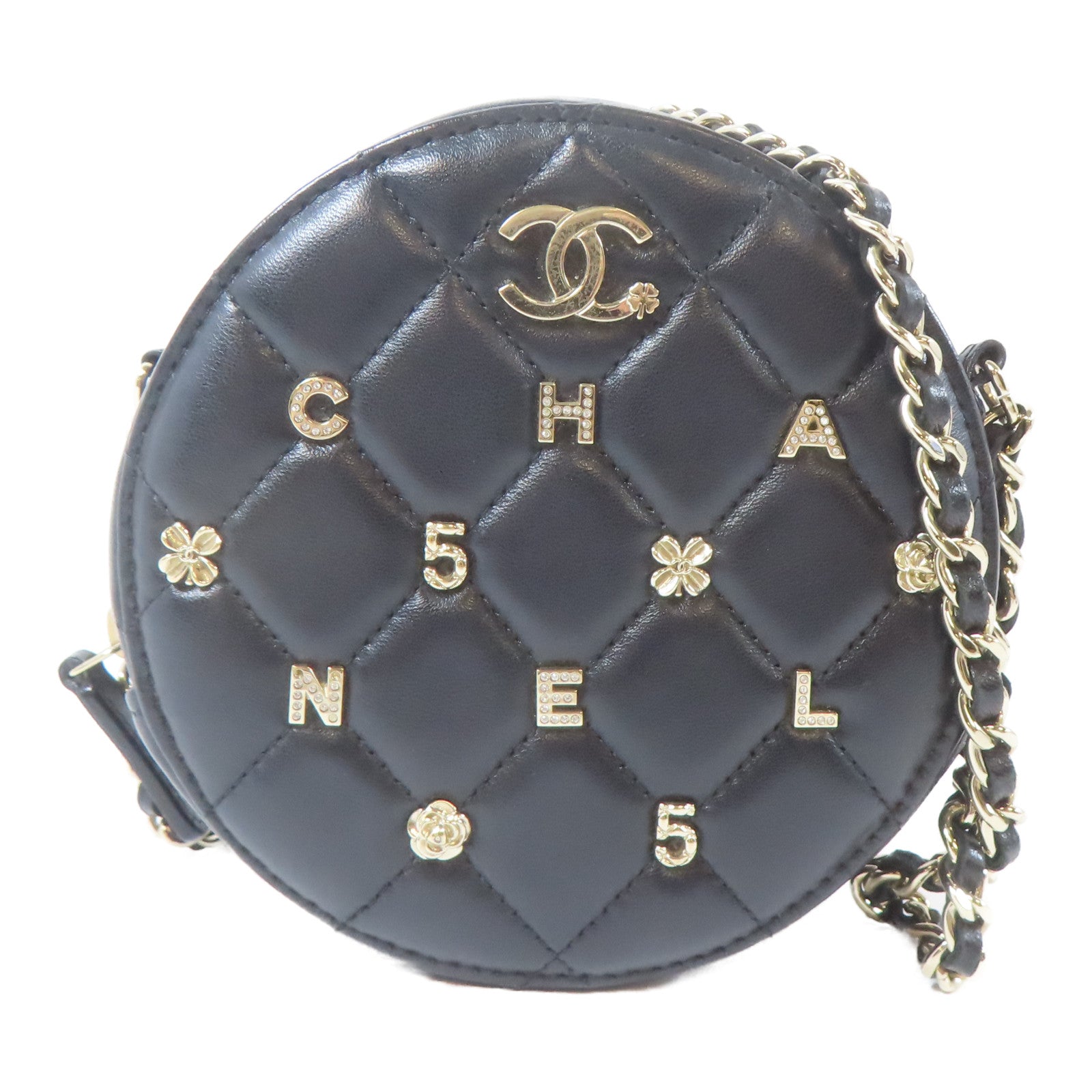 CHANEL 菱格羊皮皮革Chain Shoulder Bag金扣鏈帶肩背袋黑色