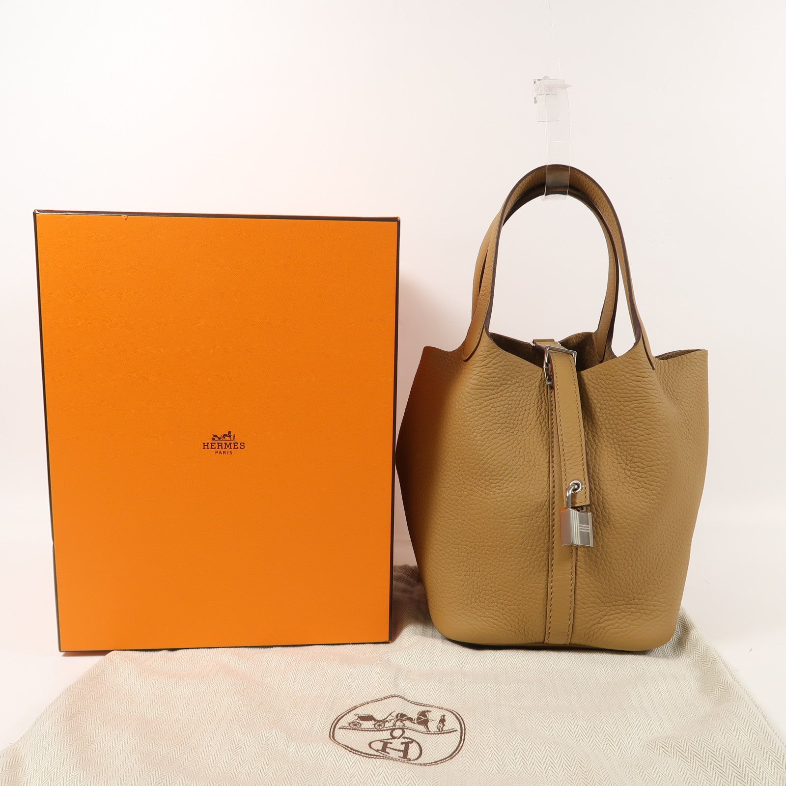 HERMES Clemence皮革Picotin PM銀扣手挽袋Biscuit啡色