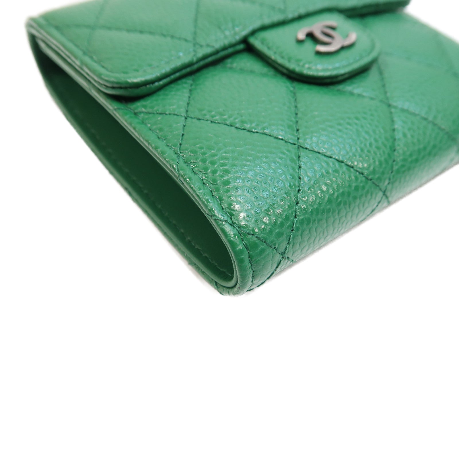 CHANEL 菱格Caviar皮革Wallet銀扣短錢包綠色