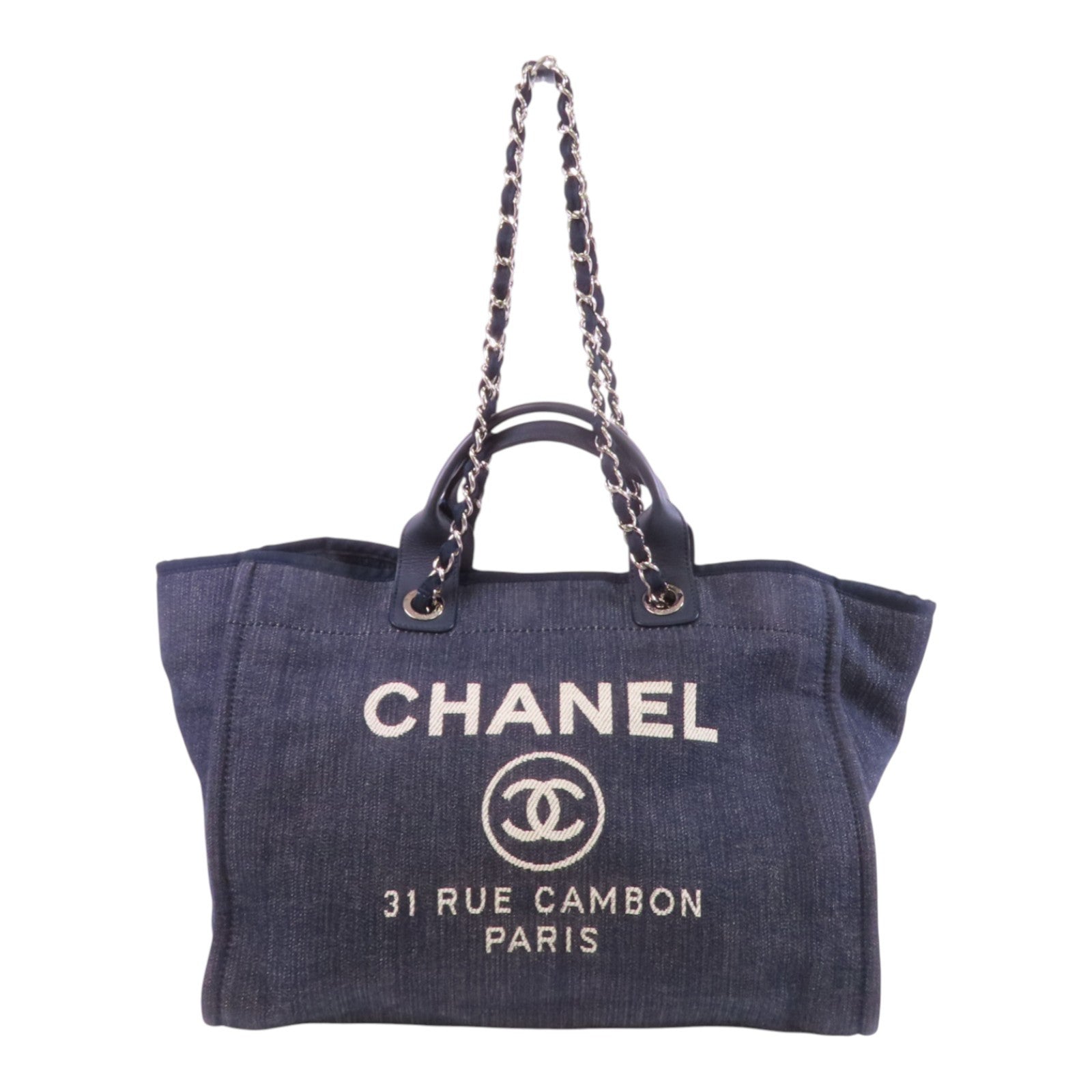 CHANEL 牛仔布Deauville Tote銀扣手挽肩背兩用袋