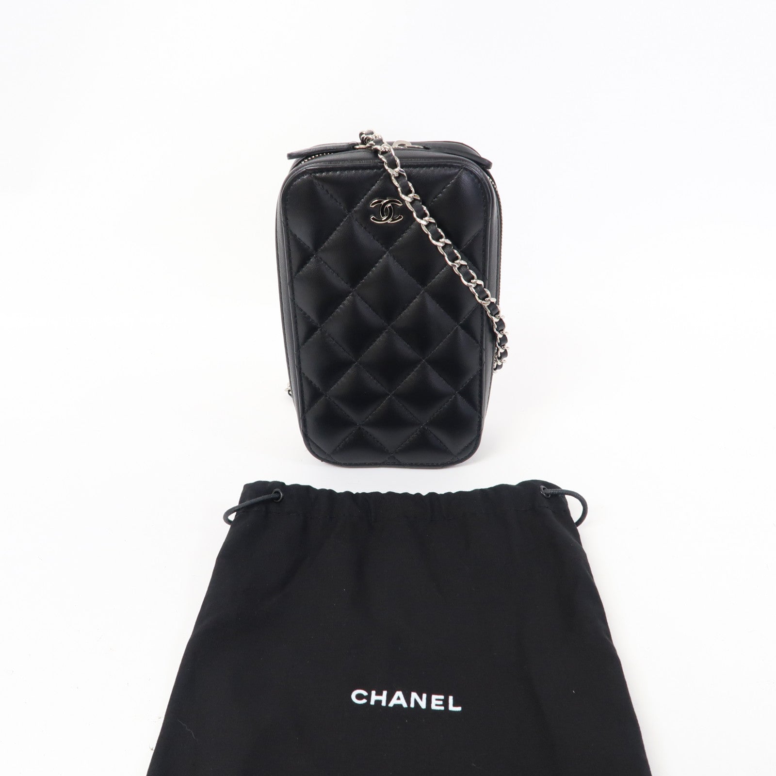 CHANEL 【激減優惠】菱格羊皮皮革Phone Bag銀扣鏈帶肩背袋黑色