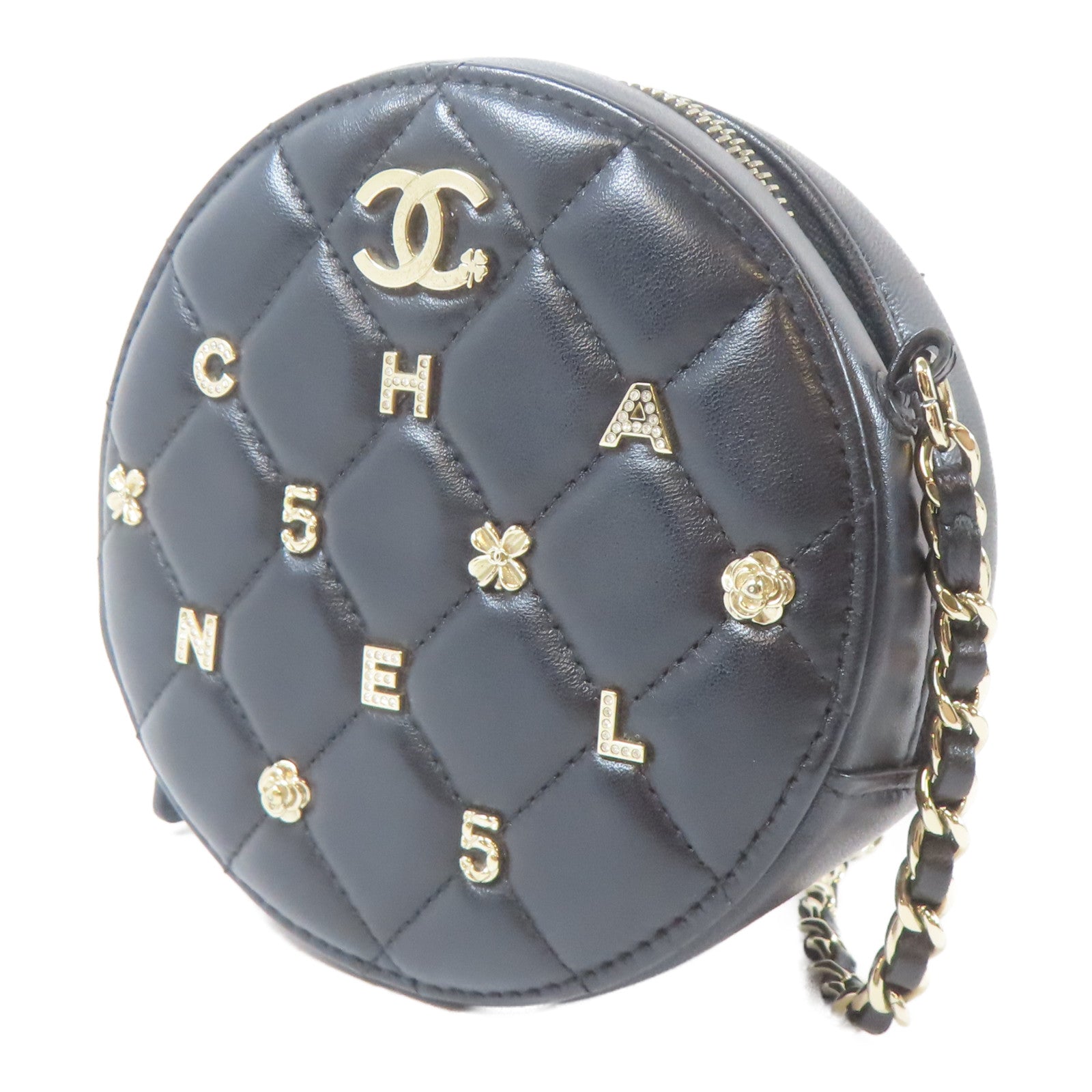 CHANEL 菱格羊皮皮革Chain Shoulder Bag金扣鏈帶肩背袋黑色