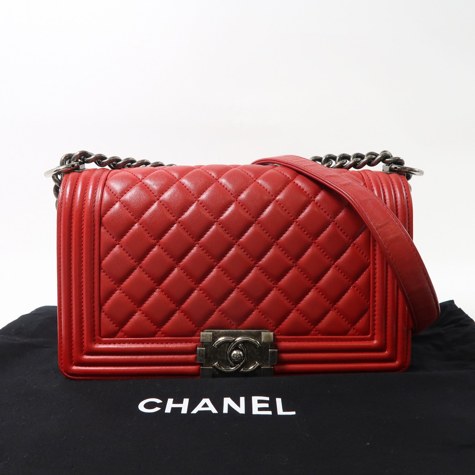 CHANEL Quilted CC Boy 25cm Chain Shoulder Bag Calfskin Leather Red