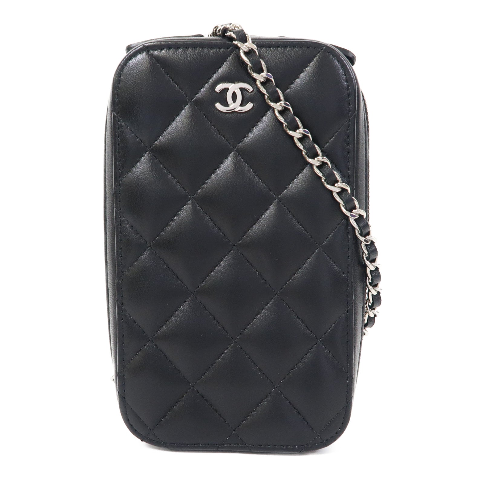 CHANEL 【激減優惠】菱格羊皮皮革Phone Bag銀扣鏈帶肩背袋黑色
