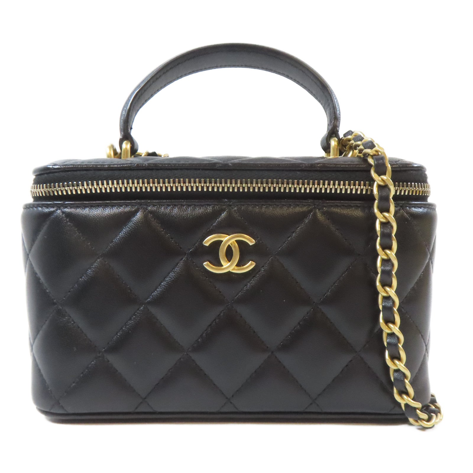 CHANEL 【激減優惠】菱格羊皮皮革Vanity Case金扣鏈帶肩背袋黑色