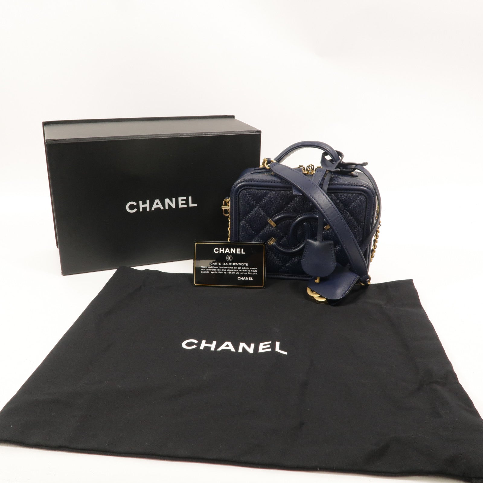 CHANEL 牛皮皮革Filigree Vanity Case鏈帶手挽肩背兩用袋