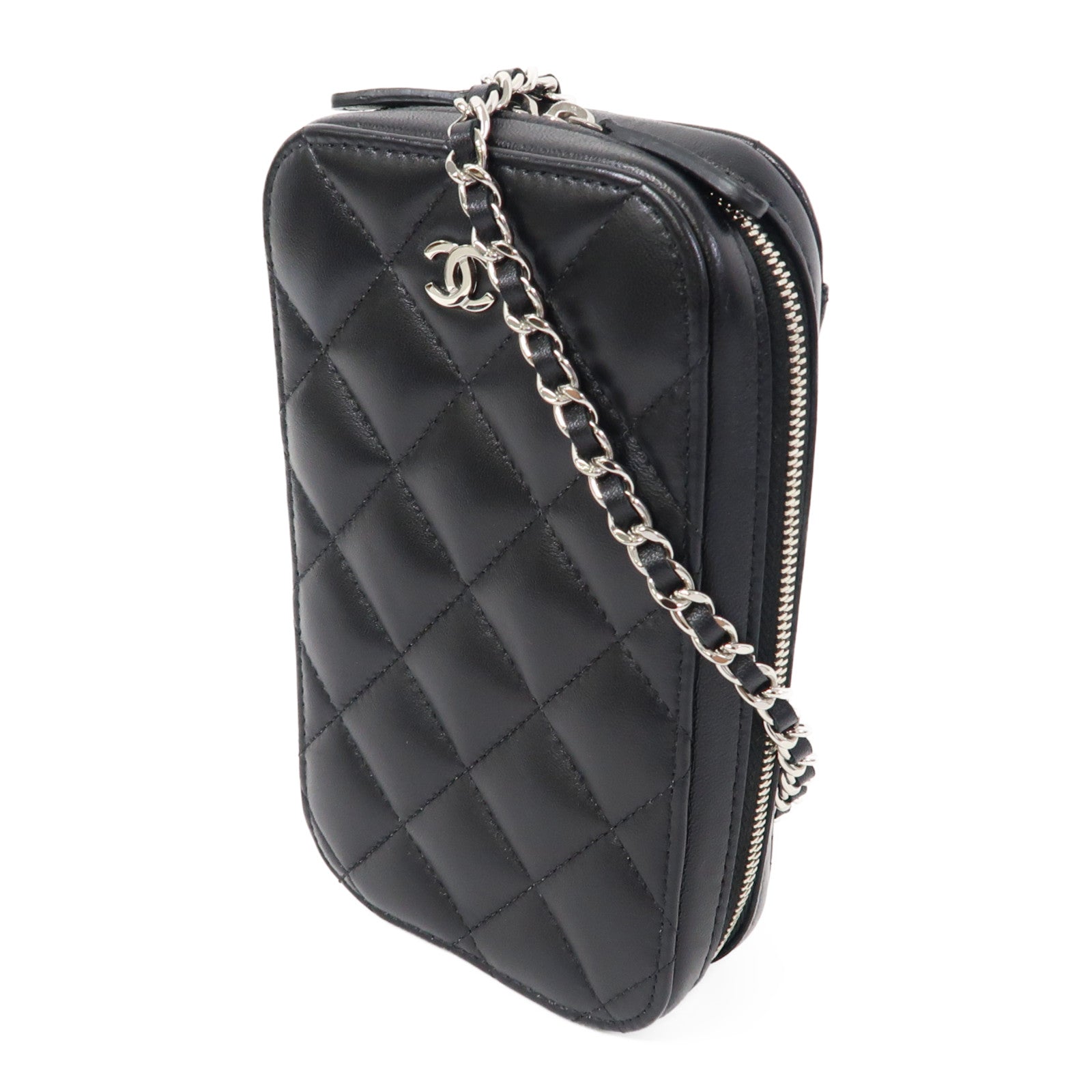 CHANEL 【激減優惠】菱格羊皮皮革Phone Bag銀扣鏈帶肩背袋黑色