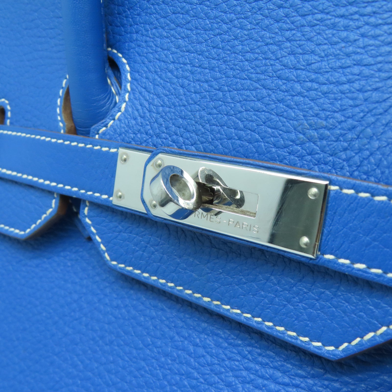 HERMES Clemence皮革Birkin 35银扣手挽袋水妖蓝/白色