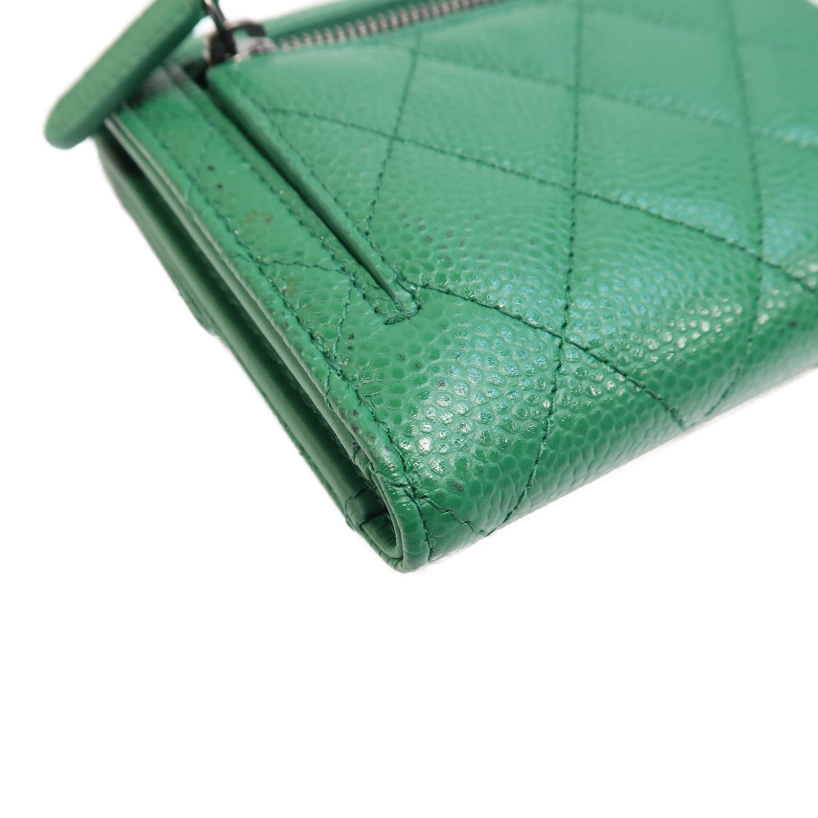 CHANEL 菱格Caviar皮革Wallet銀扣短錢包綠色