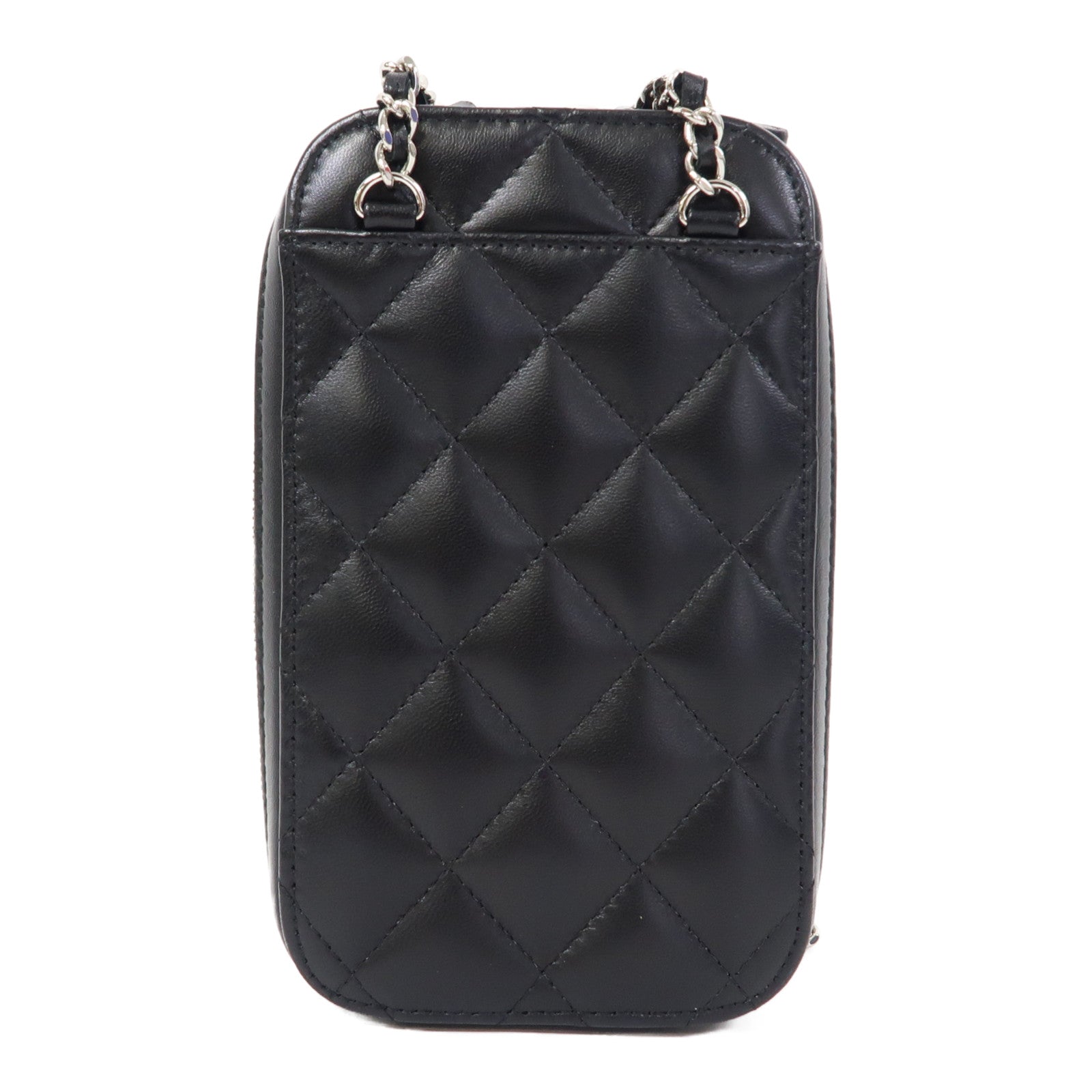 CHANEL 【激減優惠】菱格羊皮皮革Phone Bag銀扣鏈帶肩背袋黑色