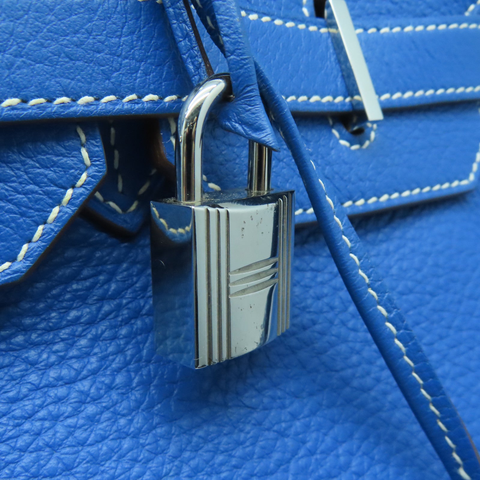 HERMES Clemence皮革Birkin 35银扣手挽袋水妖蓝/白色