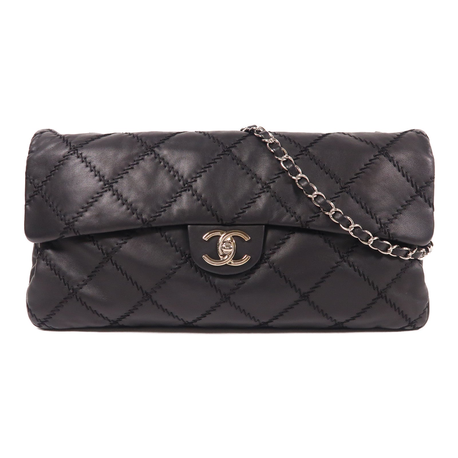 CHANEL 皮革Chain Shoulder銀扣鏈帶肩背袋黑色