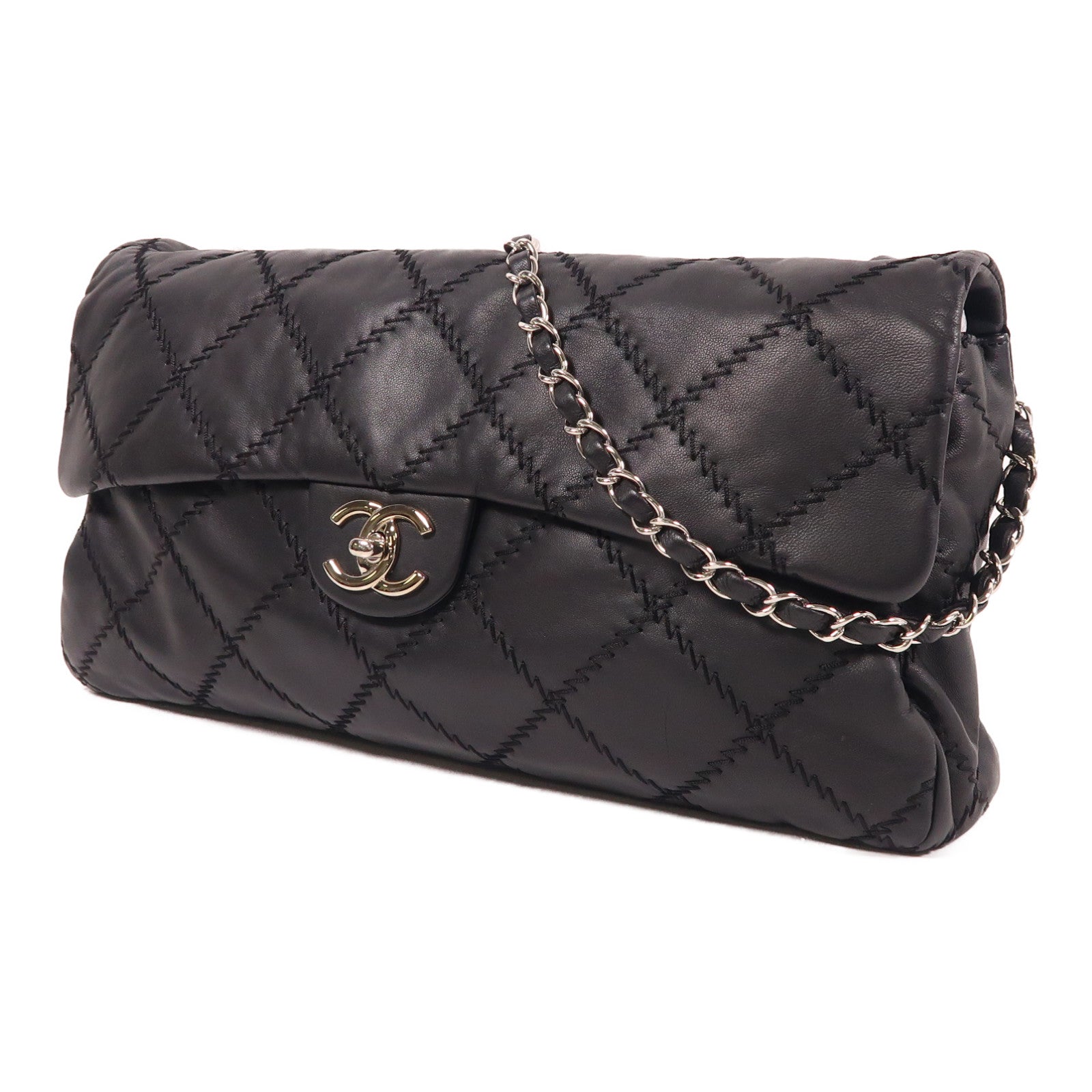 CHANEL 皮革Chain Shoulder銀扣鏈帶肩背袋黑色
