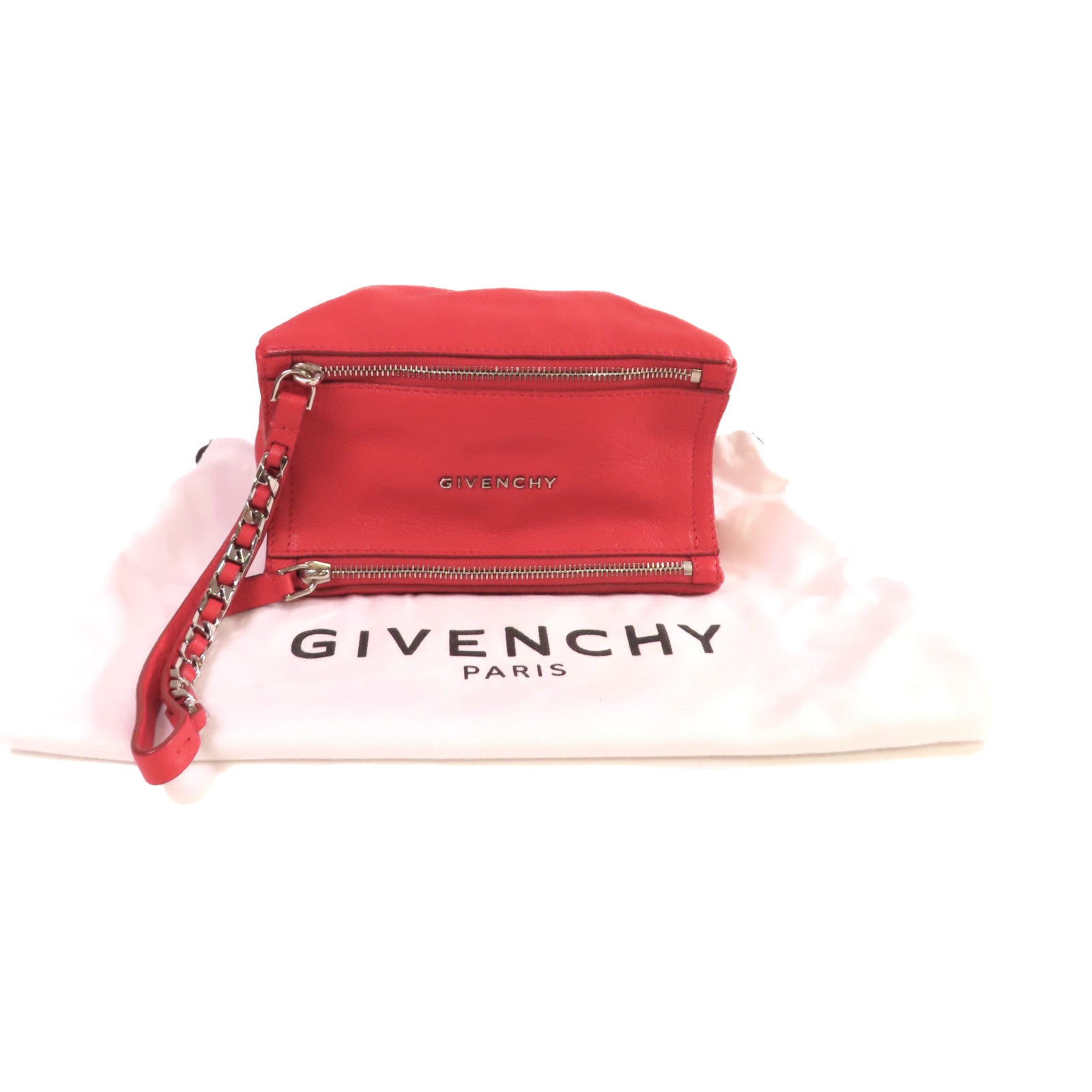 GIVENCHY 皮革Pandora Pouch with Handle銀扣手挽袋紅色