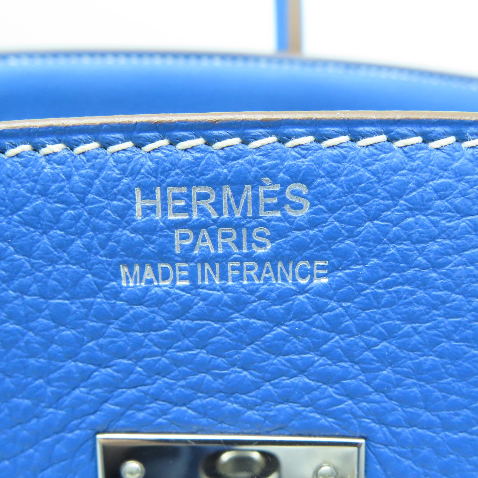 HERMES Clemence皮革Birkin 35银扣手挽袋水妖蓝/白色