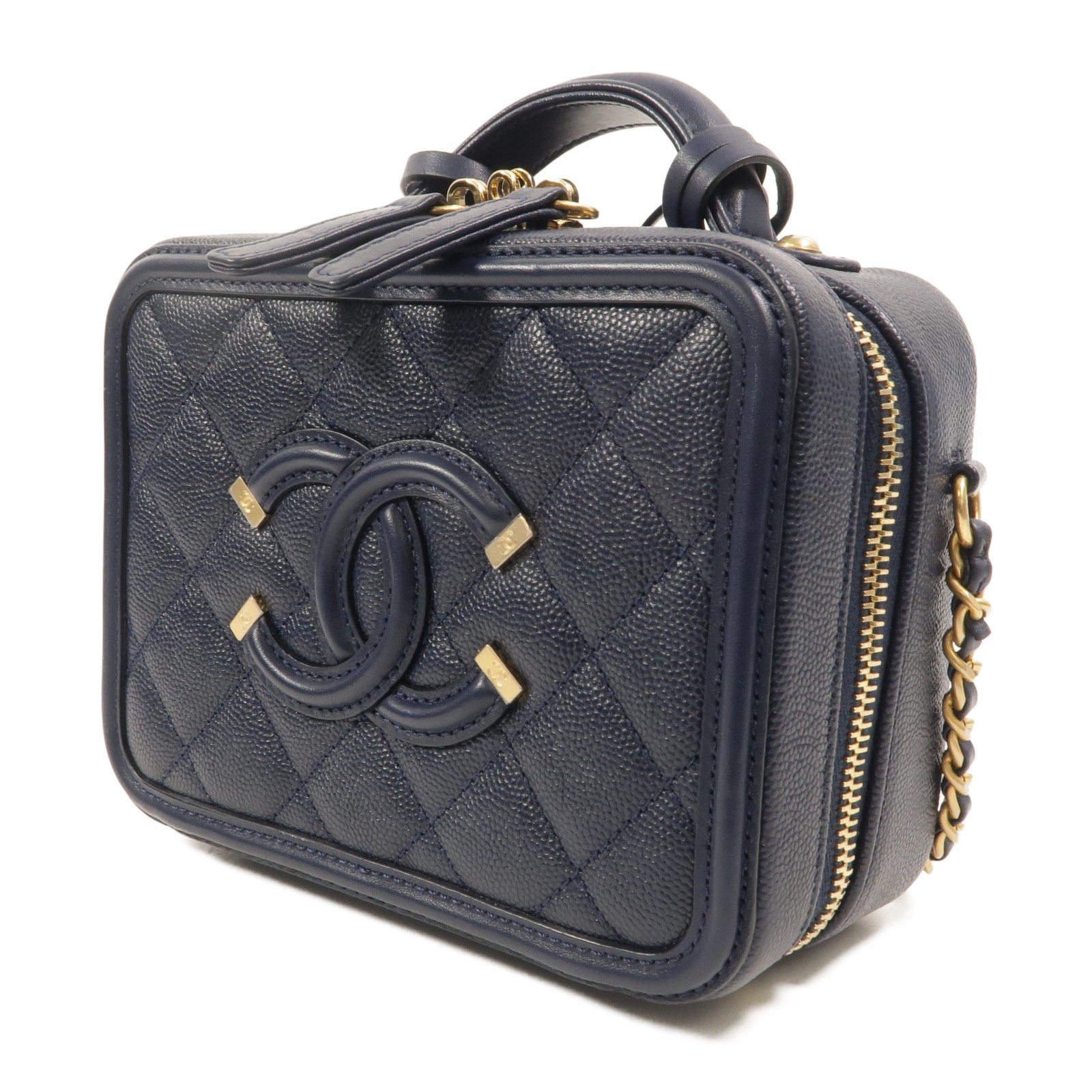 CHANEL 牛皮皮革Filigree Vanity Case鏈帶手挽肩背兩用袋